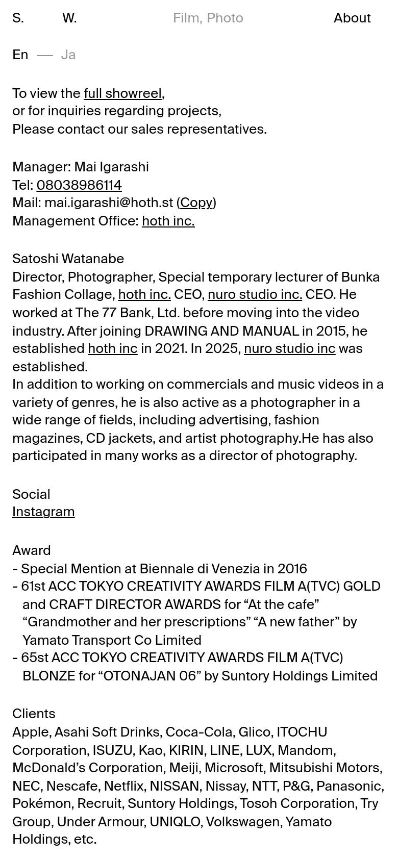 The mobile version maintains the minimalist white and black aesthetic but uses a simplified navigation bar with 'S. W.' on the left and 'Film, Photo', 'About' on the right. The text content is reflowed into a single vertical column, making the biography, awards, and client list easy to scroll through on a narrow screen.