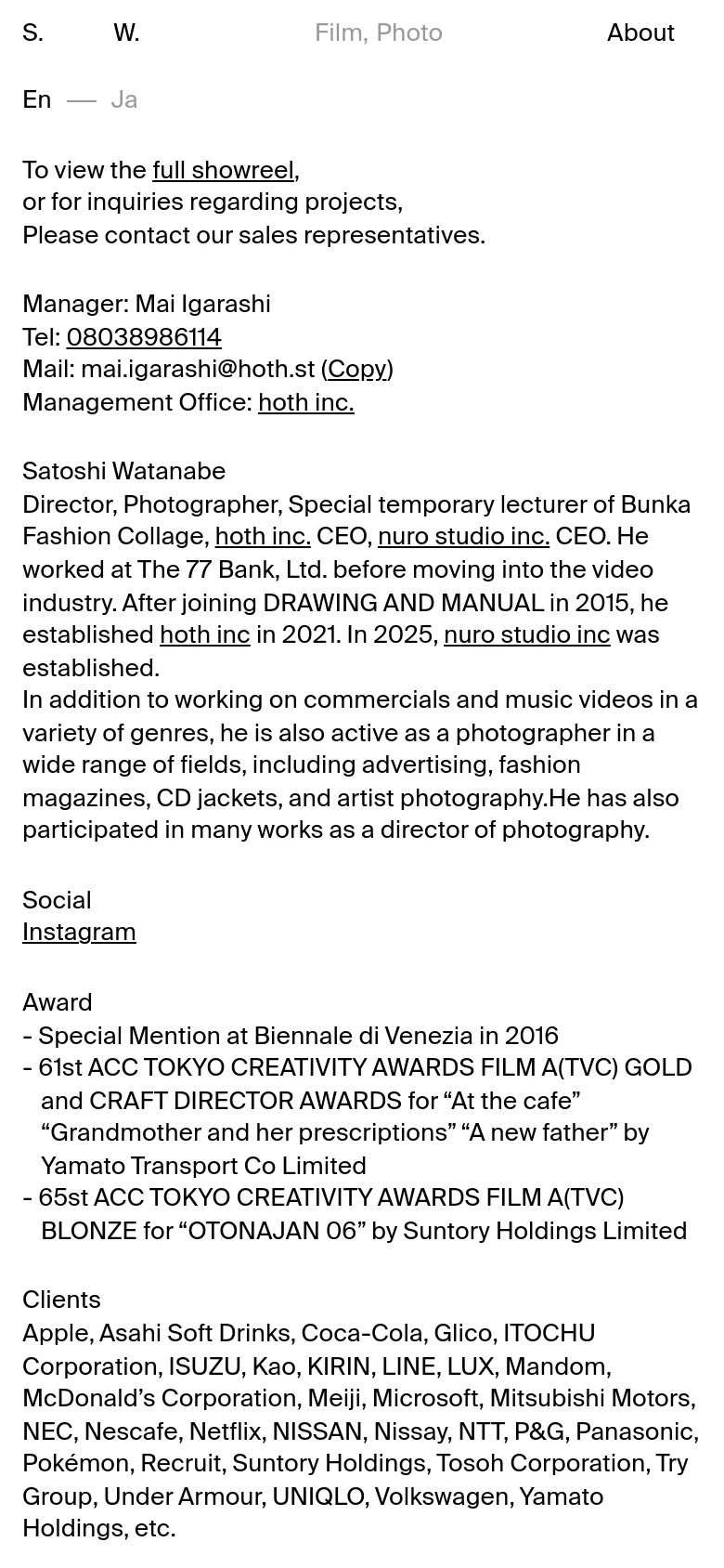 The mobile version maintains the minimalist white and black aesthetic but uses a simplified navigation bar with 'S. W.' on the left and 'Film, Photo', 'About' on the right. The text content is reflowed into a single vertical column, making the biography, awards, and client list easy to scroll through on a narrow screen.