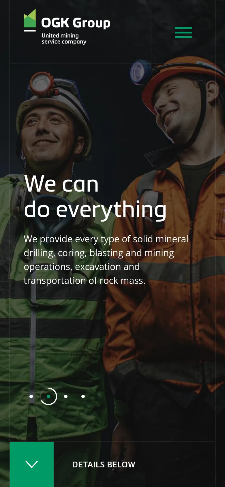 The mobile version uses a vertically oriented hero image of mining workers with the headline 'We can do everything' centered in the frame. The layout is simplified for a single column, featuring a hamburger menu icon at the top right and a 'DETAILS BELOW' call-to-action at the bottom with a downward arrow.