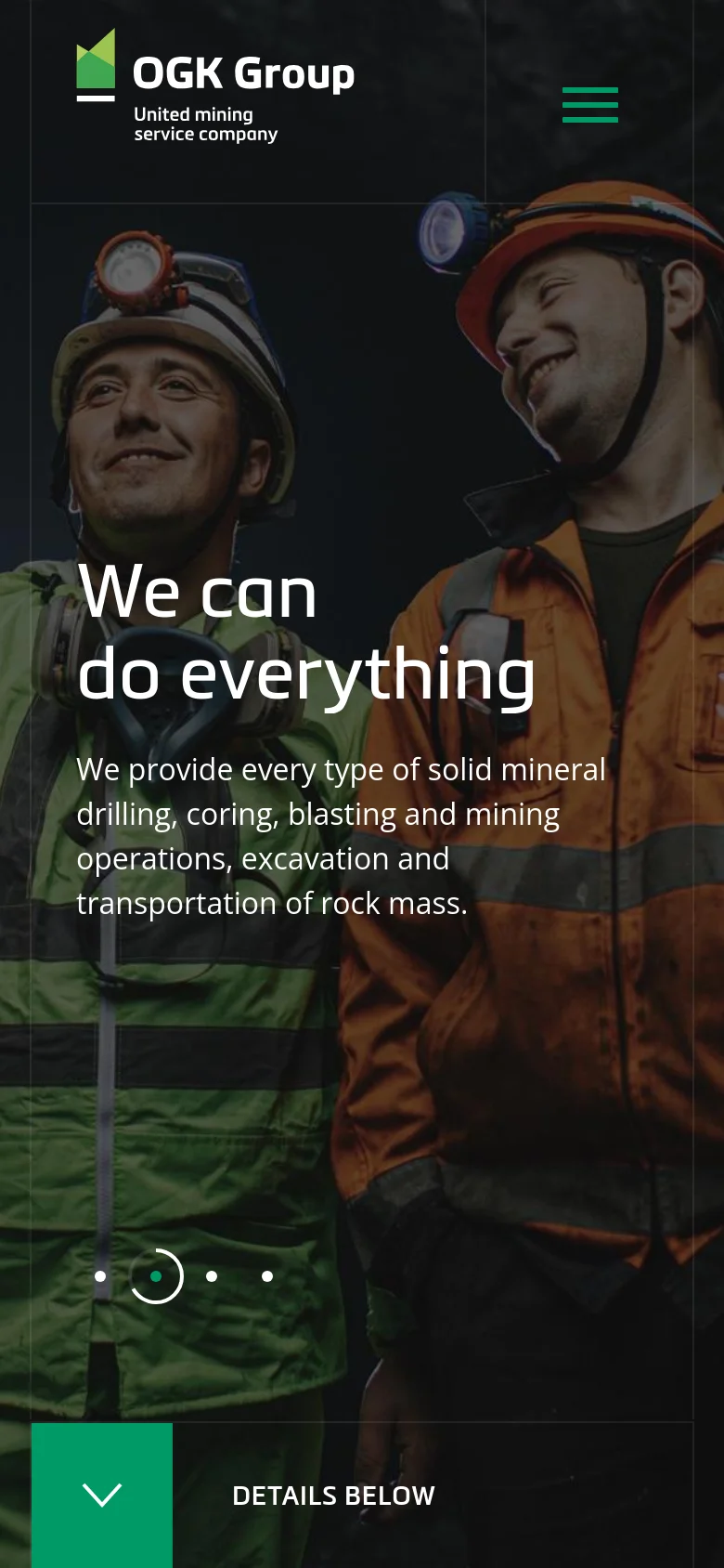The mobile version uses a vertically oriented hero image of mining workers with the headline 'We can do everything' centered in the frame. The layout is simplified for a single column, featuring a hamburger menu icon at the top right and a 'DETAILS BELOW' call-to-action at the bottom with a downward arrow.