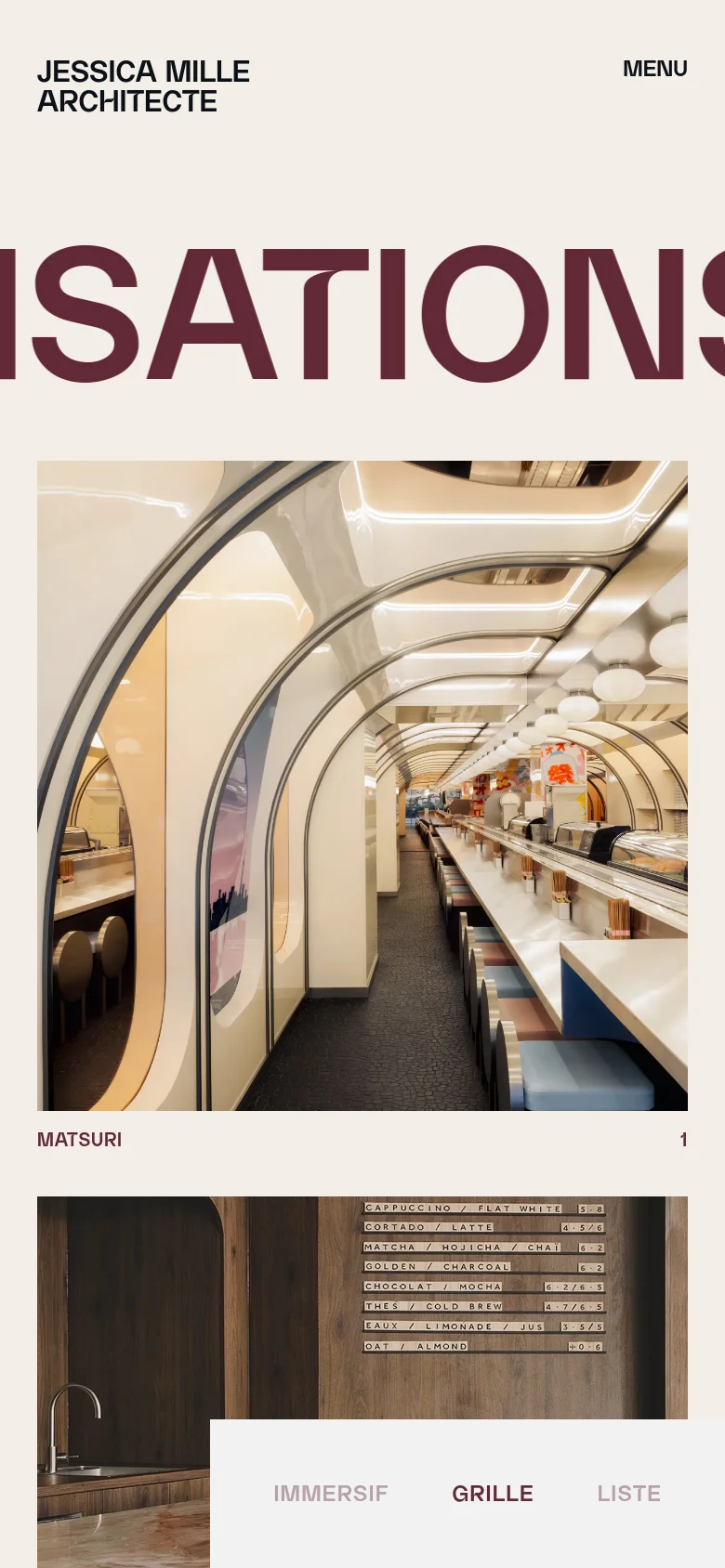 The mobile version presents a single-column vertical layout optimized for scrolling. The large burgundy 'RÉALISATIONS' headline is partially visible at the top, followed by large, full-width project images stacked vertically. The navigation is condensed into a 'MENU' button, and view toggles are located at the bottom of the screen.