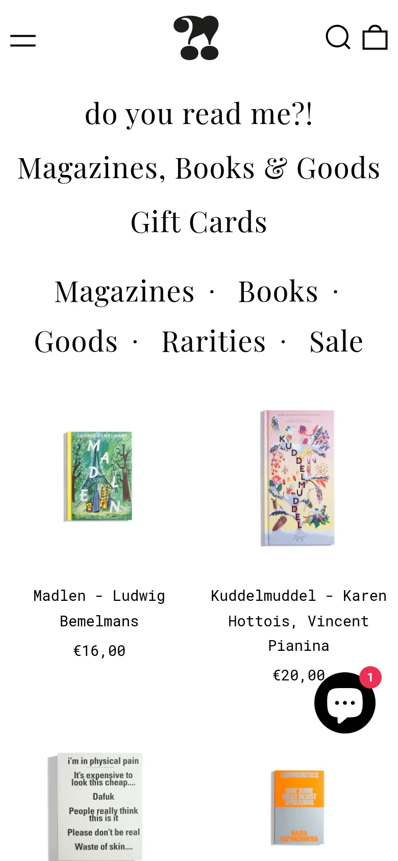 The mobile version maintains the minimalist white and black aesthetic but uses a stacked layout. The header features a hamburger menu icon, the brand logo, a search icon, and a shopping bag icon. The product grid transitions to a narrower view, displaying book covers and titles in a single or double column format to fit the smaller screen.