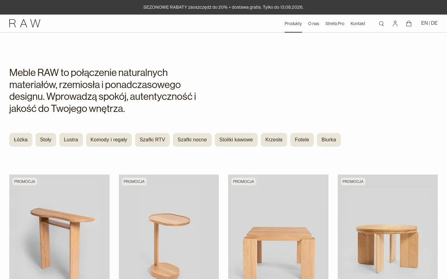 The desktop view shows a minimalist furniture e-commerce collection page with a white background and black text. A large headline introduces the brand, followed by a horizontal row of light gray category buttons like 'Łóżka' and 'Stoły'. Below, a grid of product cards features high-quality images of wooden furniture, product names, and sale prices.