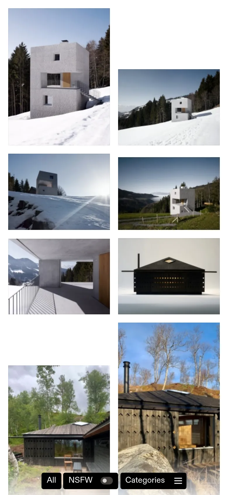 The mobile version simplifies the layout by replacing the left sidebar with a bottom navigation bar containing 'All', 'NSFW', and 'Categories' buttons. The architectural image grid remains the central focus, spanning the full width of the screen for easier scrolling on a handheld device.