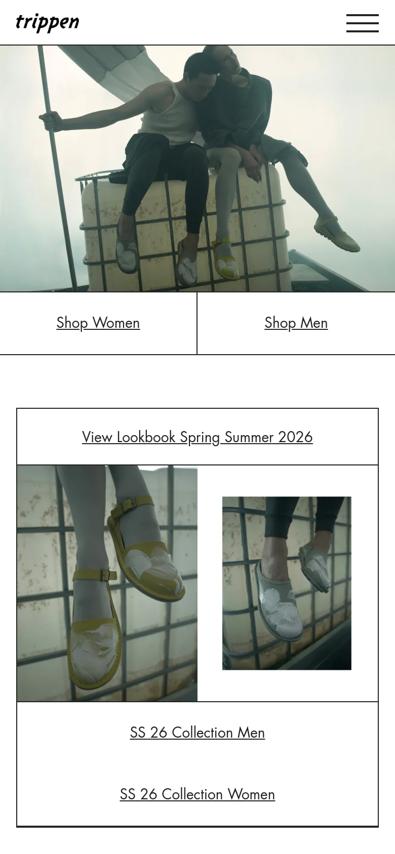 The mobile version presents a vertically stacked layout, beginning with the brand logo and a hamburger menu icon. The large hero image is scaled down to fit the narrow screen, followed by full-width buttons for 'Shop Women' and 'Shop Men'. The lookbook and collection sections follow in a single-column format for easier scrolling.