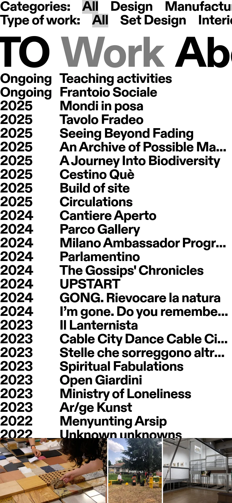 The mobile version of the Work page simplifies the layout into a single-column vertical list. The large GISTO logo and 'Work' heading dominate the top, followed by project names and details stacked vertically. The multi-column grid from the desktop view is removed to ensure readability on a narrow screen.