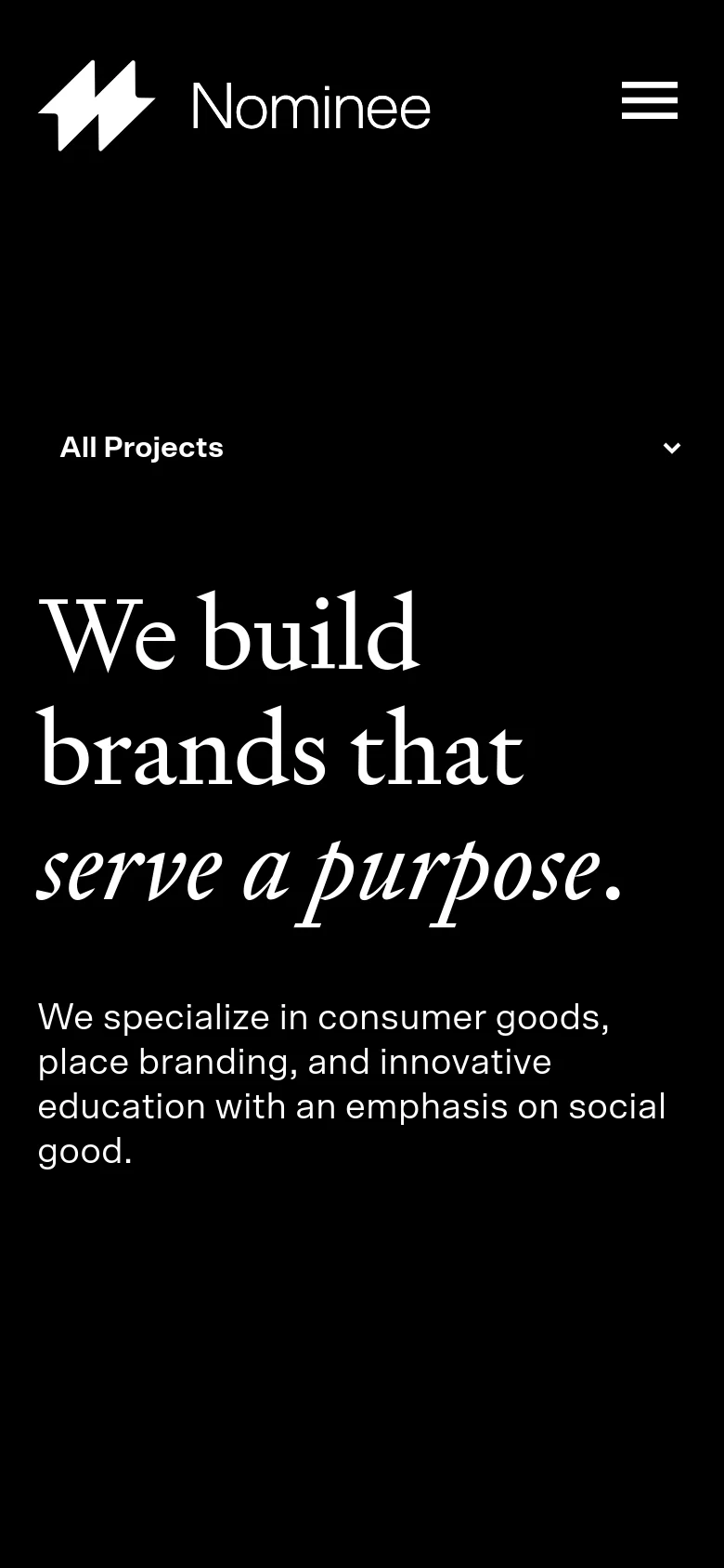 The mobile version presents a simplified vertical layout with a black background. The Nominee logo and a hamburger menu icon are at the top, followed by a dropdown menu for project selection. The main headline and descriptive text are centered and stacked vertically to fit the narrow screen.