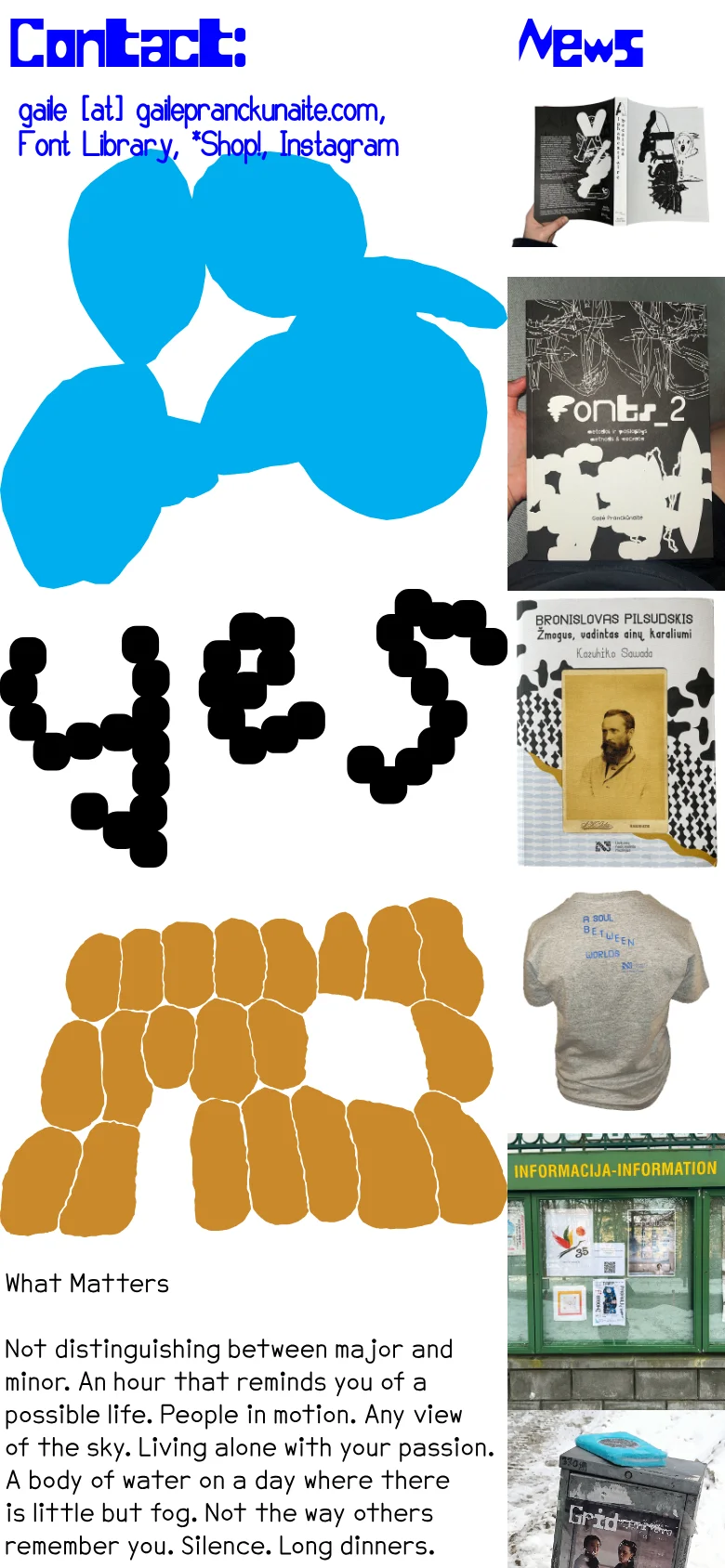 The mobile version presents a vertically stacked layout of the desktop content. Large blue headings for 'Contact:' and 'News' appear at the top, followed by contact links, a large blue abstract shape, and a series of pixelated black text and graphic images arranged in a single column.