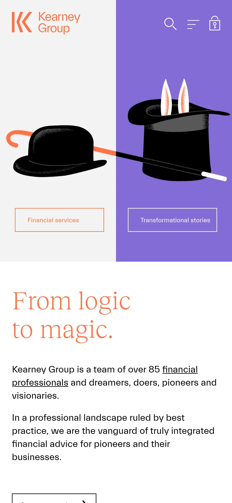 The mobile version presents a vertically stacked layout where the split-screen hero illustration is condensed, and the navigation is tucked into a hamburger menu next to a search icon. The 'Financial services' and 'Transformational stories' buttons are centered within their respective color blocks. The main headline 'From logic to magic' follows below in a single column, maintaining the brand's orange and black color palette.