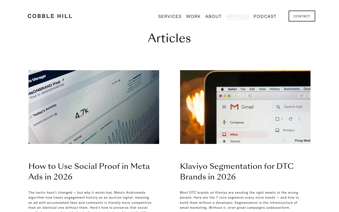 The desktop Articles page features a minimalist white background with a clean navigation menu at the top. A large 'Articles' heading is centered above a grid of article cards, each containing a wide rectangular hero image, a bold title, a short text excerpt, and a 'Read More' link.