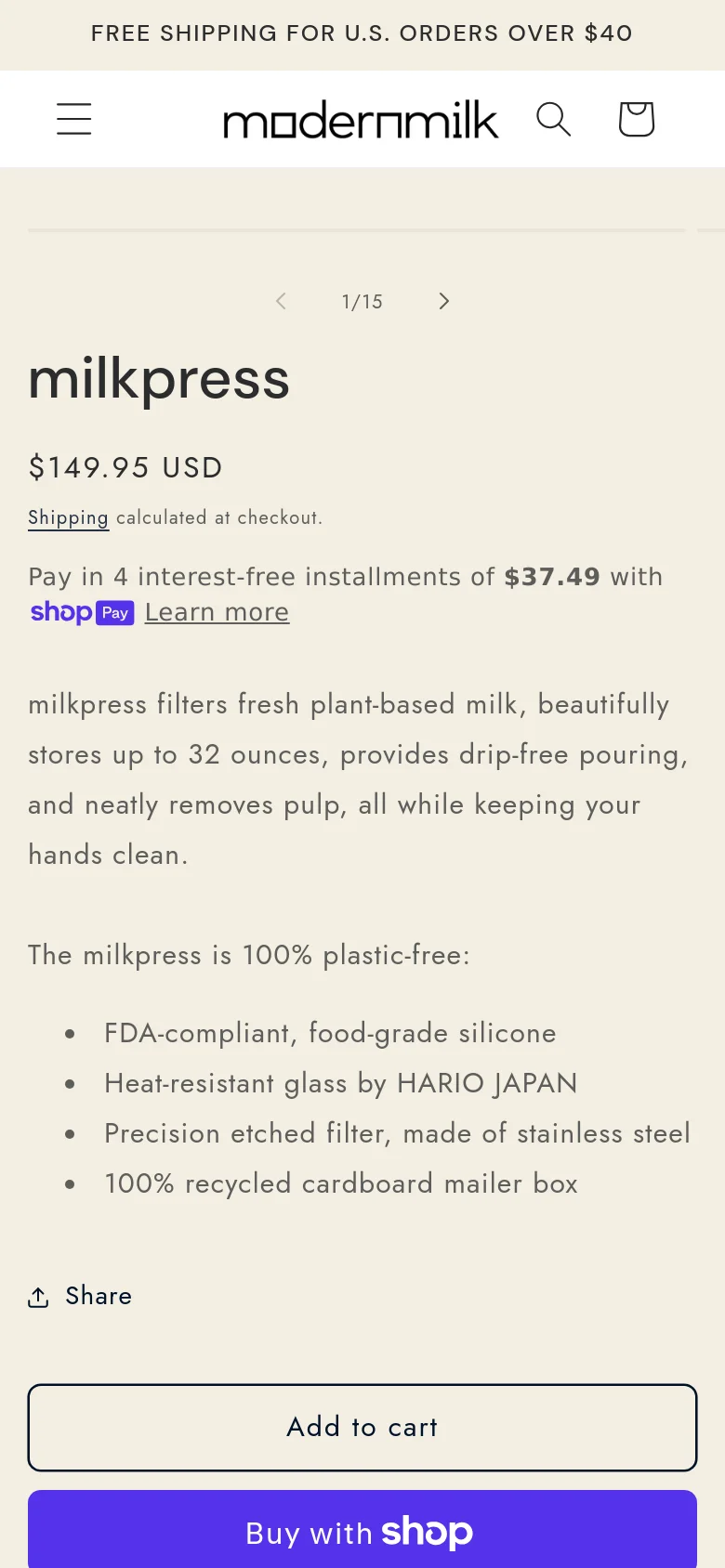 The mobile version presents a single-column layout optimized for vertical scrolling. The product title, price, and description appear at the top, followed by a large image gallery, with the primary 'Add to cart' and 'Buy with Shop' call-to-action buttons fixed at the bottom of the screen.