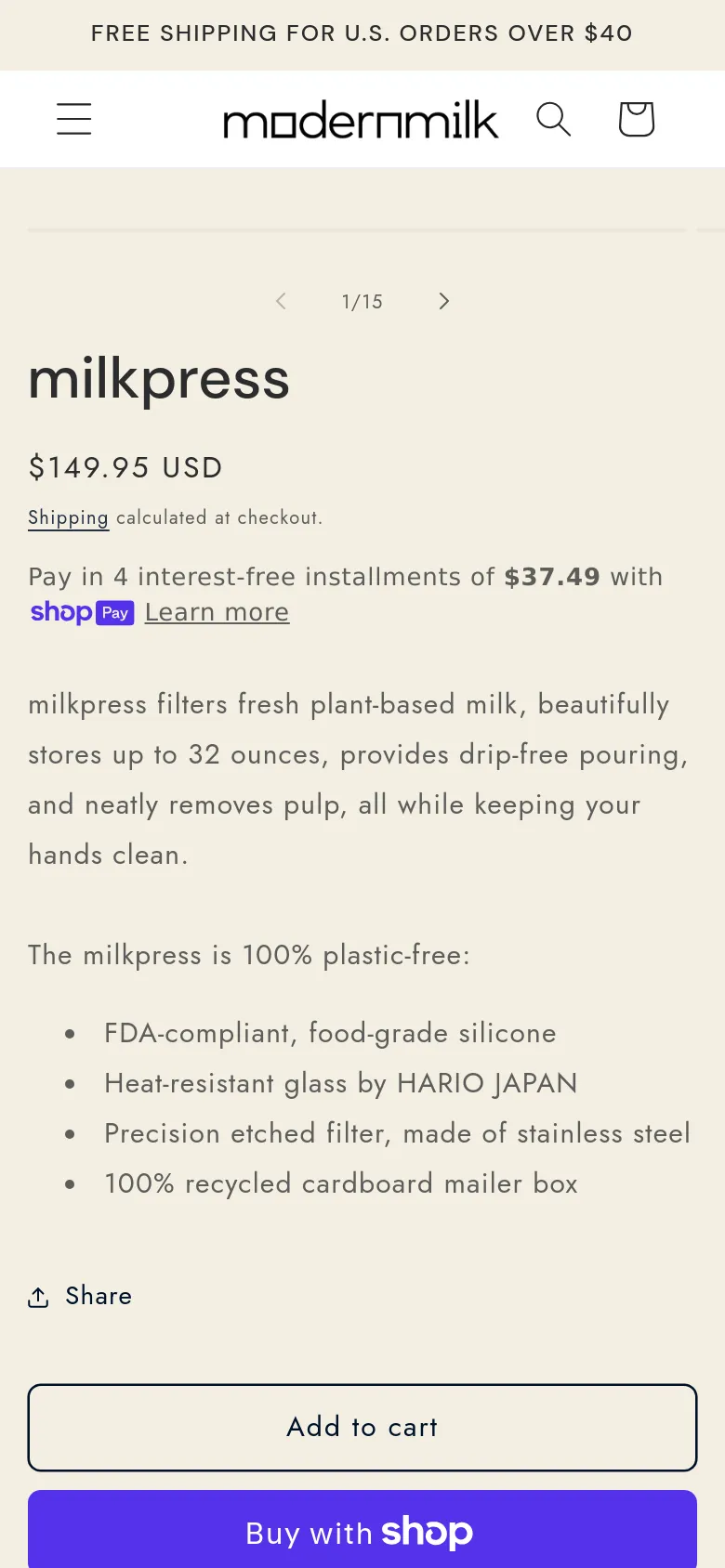 The mobile version presents a single-column layout optimized for vertical scrolling. The product title, price, and description appear at the top, followed by a large image gallery, with the primary 'Add to cart' and 'Buy with Shop' call-to-action buttons fixed at the bottom of the screen.