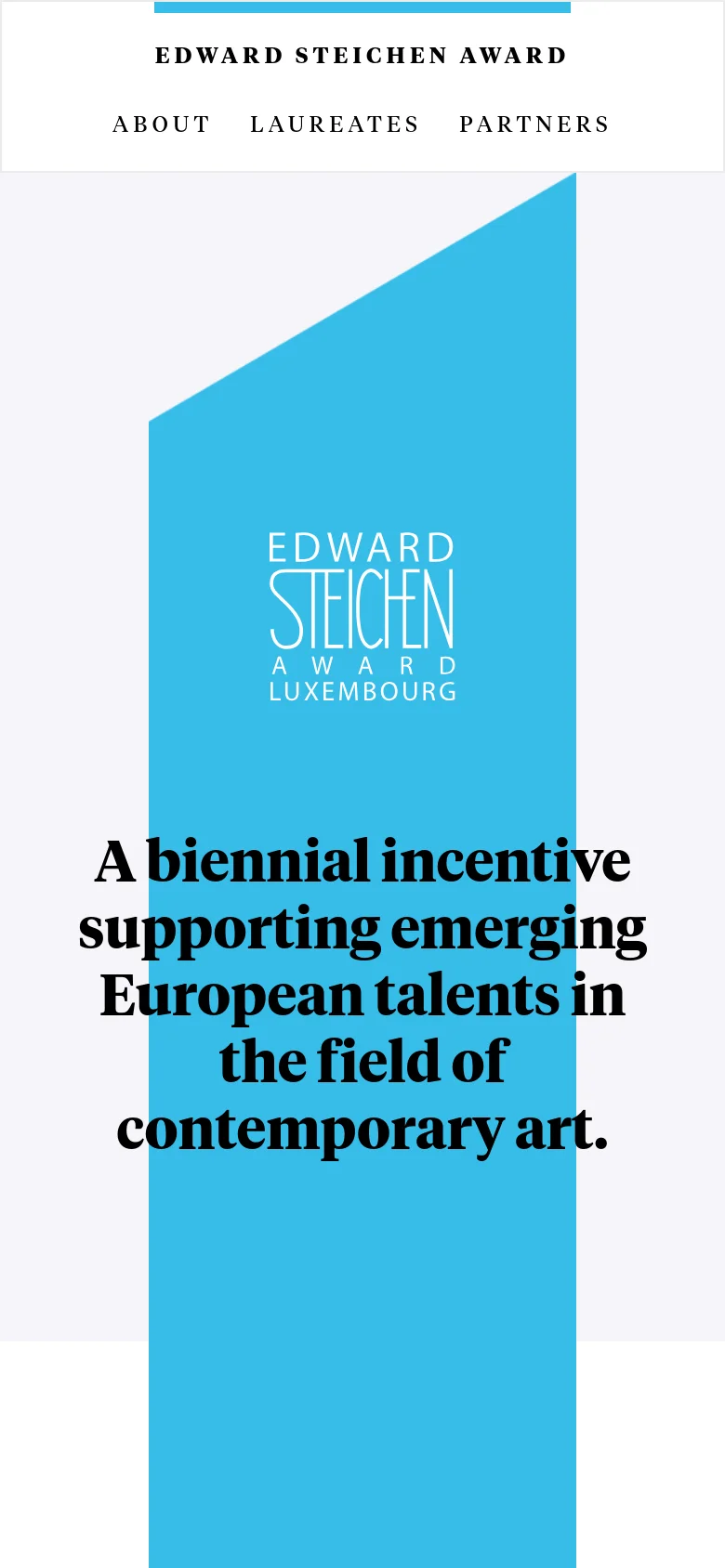 The mobile version presents a vertically stacked layout, beginning with the award name and navigation links at the top. The hero section features the large headline centered over a bright blue geometric shape that spans the width of the screen. Content sections like 'About' and 'Laureates' follow in a single-column format, prioritizing vertical scrolling.