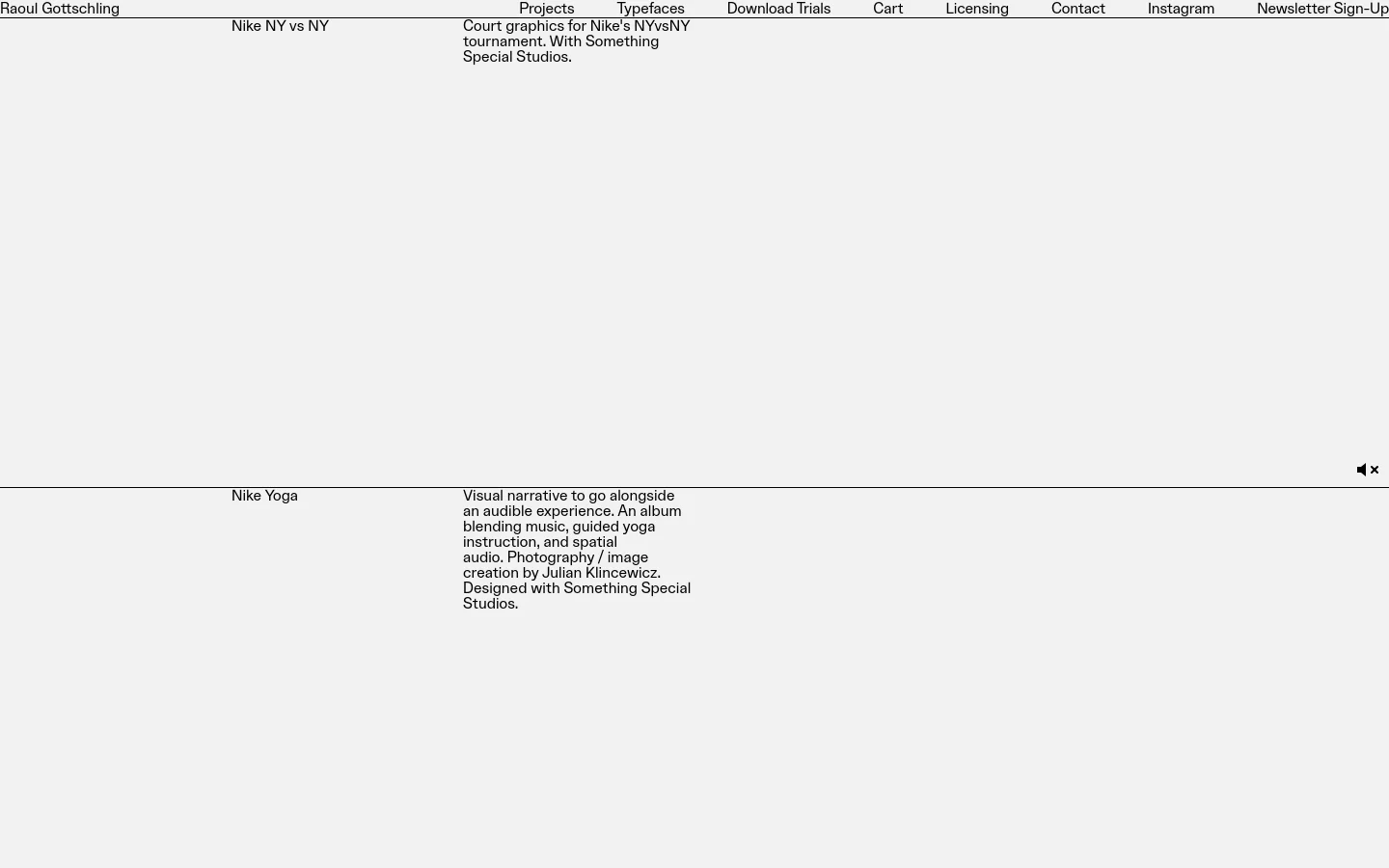 The desktop version of the Projects page features a minimalist white background with a top navigation menu. The layout presents a vertical list of projects, including Nike NY vs NY and Nike Yoga, each accompanied by descriptive text and large, high-contrast imagery.