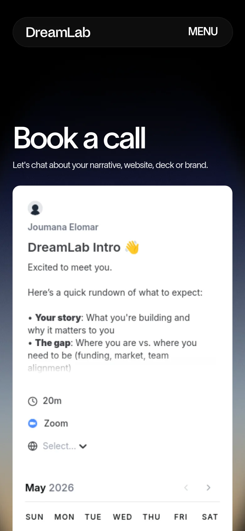 The mobile version simplifies the layout with a dark header containing the DreamLab logo and a 'MENU' button. The 'Book a call' headline and subtext are centered above a vertically stacked scheduling widget. The white background of the booking section dominates the mobile view, providing a focused interface for selecting meeting times.
