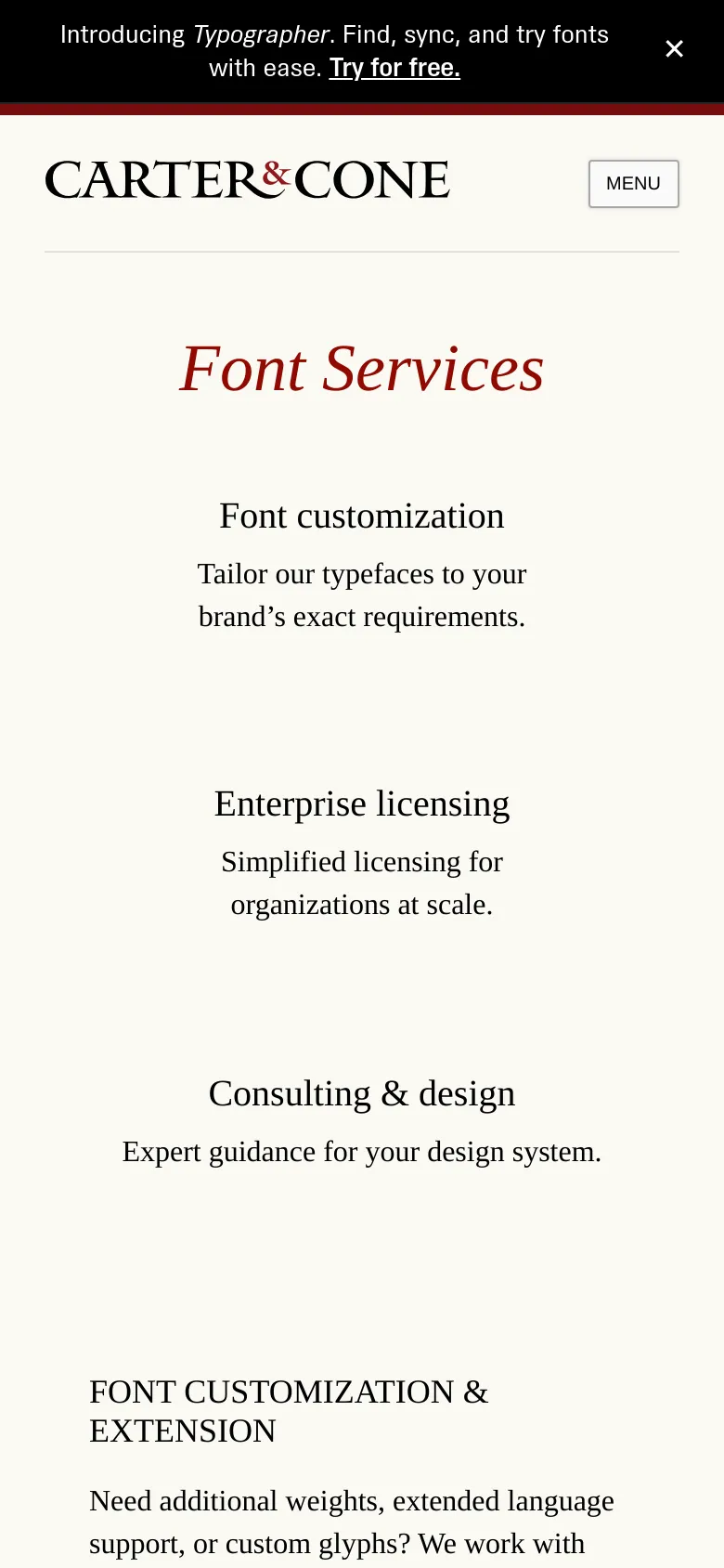 The mobile version presents a single-column vertical layout with a centered 'Font Services' headline and a hamburger menu button at the top right. The service descriptions are stacked vertically, and the side navigation from the desktop view is hidden within the menu button.