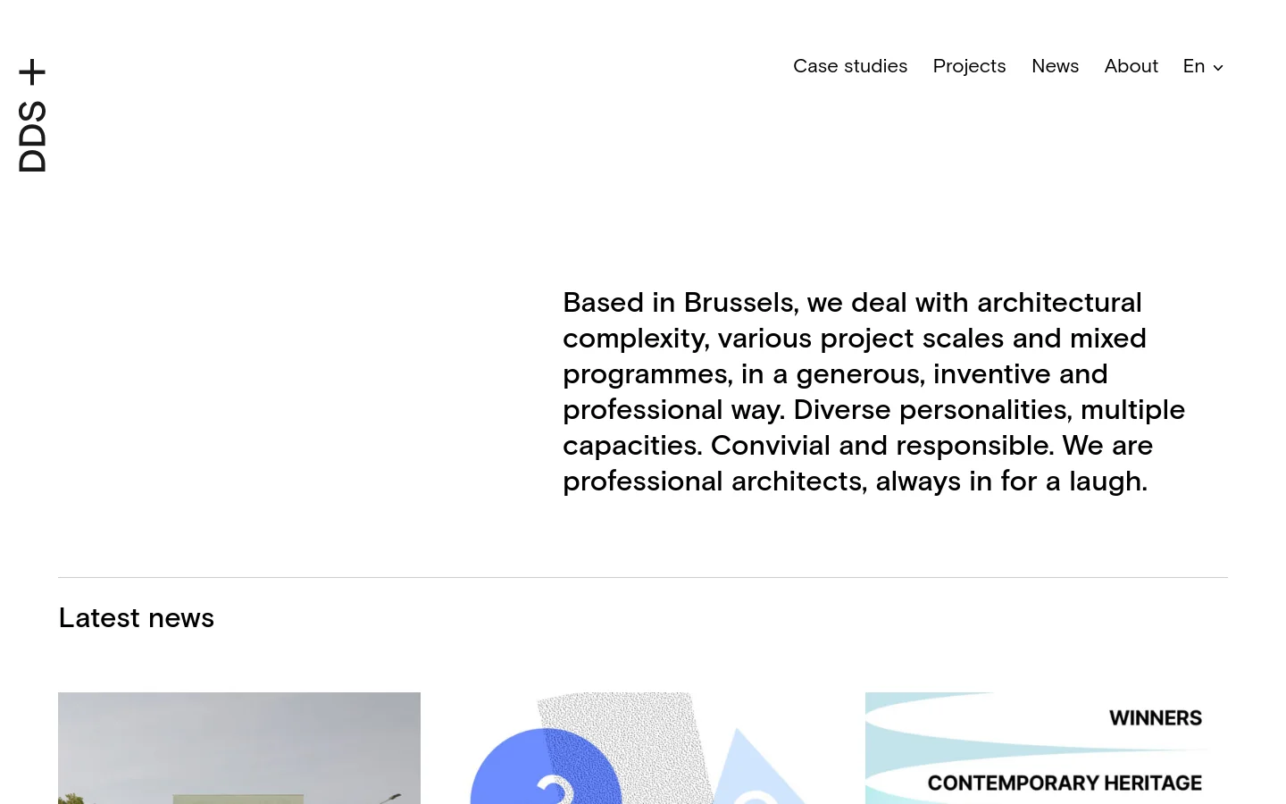 The desktop homepage features a minimalist white layout with a large text-based hero section describing the Brussels-based architecture firm. A navigation menu sits at the top right, while the 'Latest news' section below displays a grid of project images and headlines. The design uses clean black typography and ample white space.