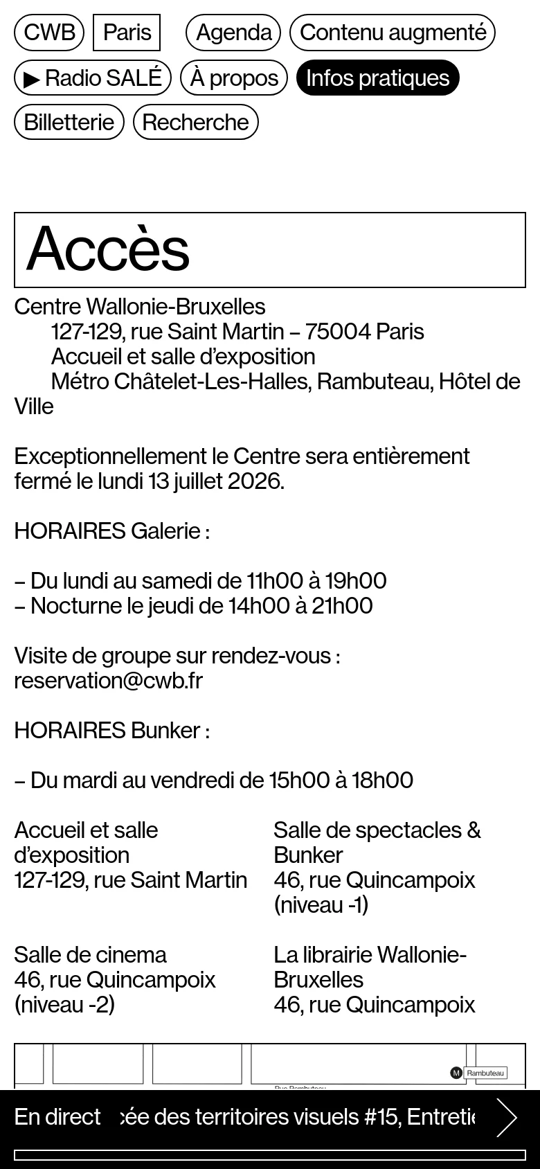 The mobile version presents a single-column vertical layout, stacking the navigation links at the top and the 'Accès' content below. The map is positioned below the main text information, and a black 'En direct' audio player bar remains fixed at the bottom of the screen.
