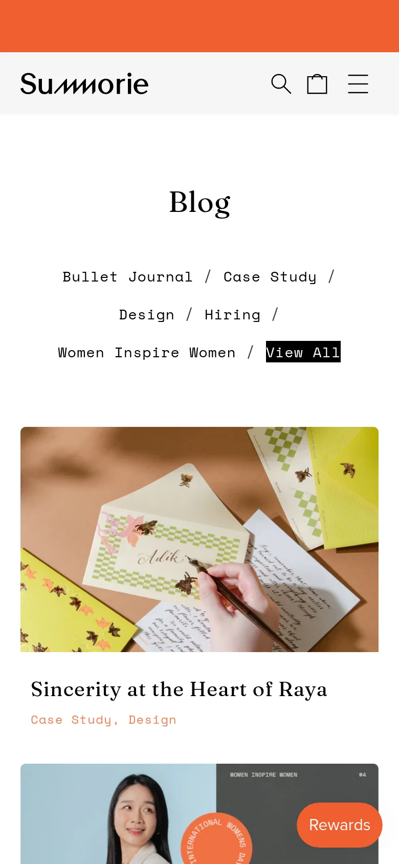 The mobile version simplifies the layout into a single-column vertical scroll. The navigation menu is condensed into a hamburger icon next to the logo, and the blog category links are stacked or wrapped, while the blog post cards span the full width of the screen for easier scrolling.