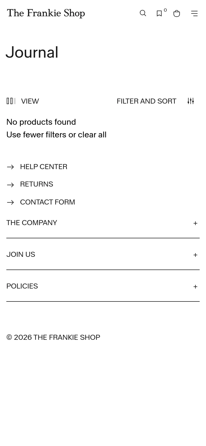 The mobile version shows a simplified interface with a hamburger menu, search icon, and shopping bag icon at the top. The 'Journal' heading is prominent, followed by a 'No products found' message and filter options. The footer transitions into a vertical accordion-style layout with expandable sections for The Company, Join Us, and Policies.