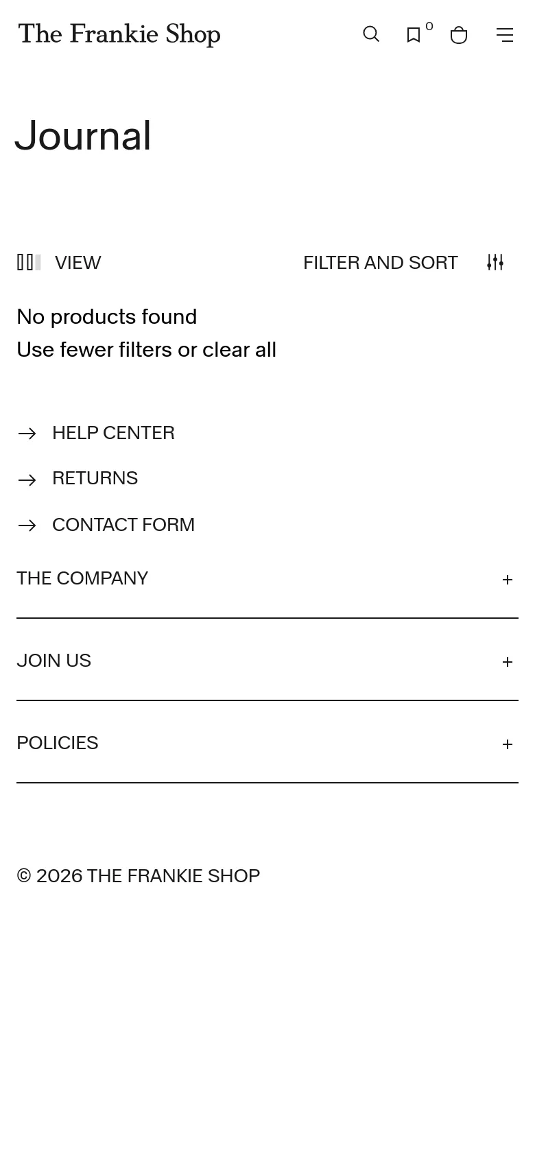 The mobile version shows a simplified interface with a hamburger menu, search icon, and shopping bag icon at the top. The 'Journal' heading is prominent, followed by a 'No products found' message and filter options. The footer transitions into a vertical accordion-style layout with expandable sections for The Company, Join Us, and Policies.