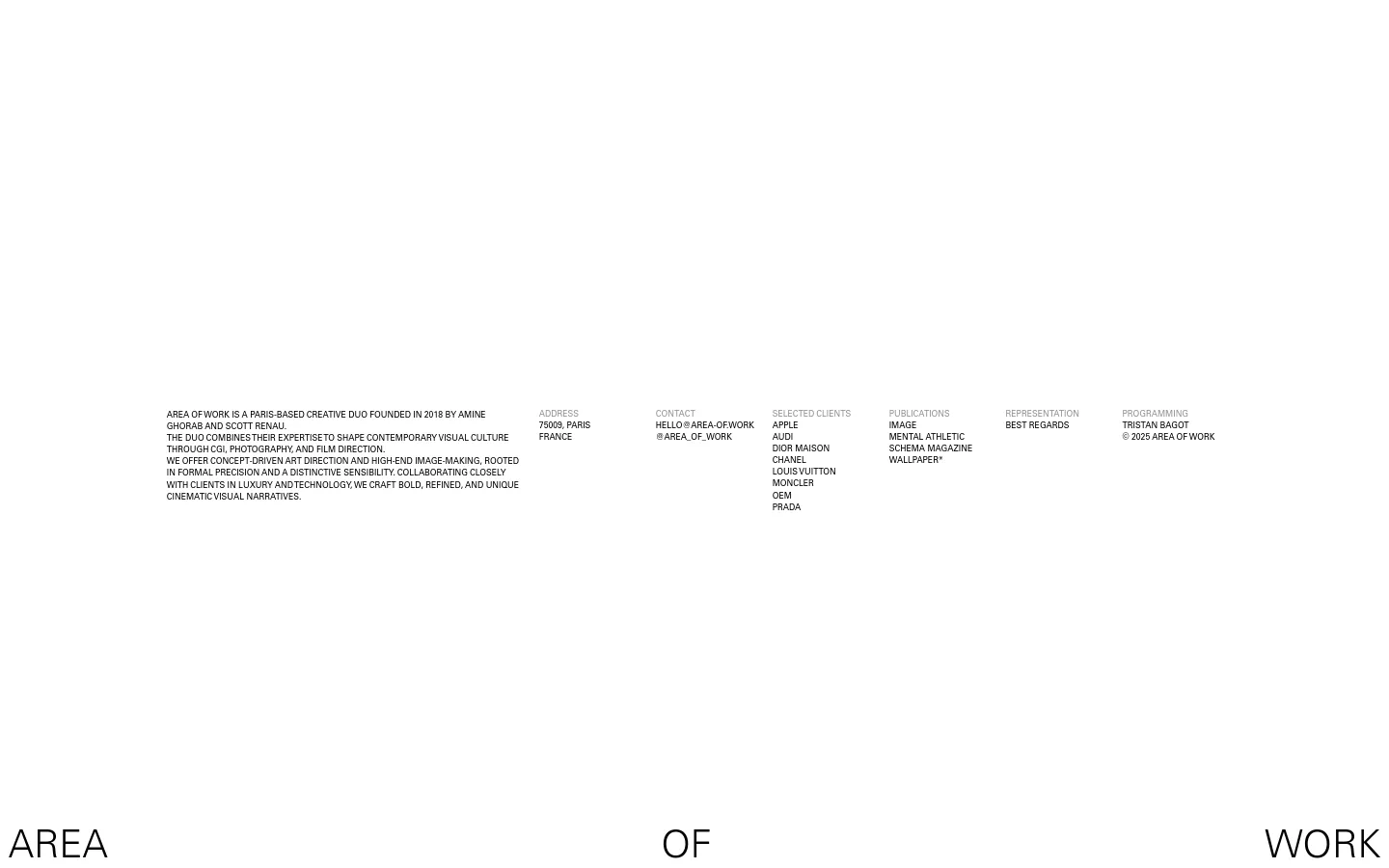 The desktop About page features a minimalist, high-contrast design with black text on a white background. Large, spaced-out typography for 'AREA OF WORK' anchors the bottom, while the main content is organized into clean, multi-column text blocks covering the studio's bio, address, contact, clients, publications, and representation.