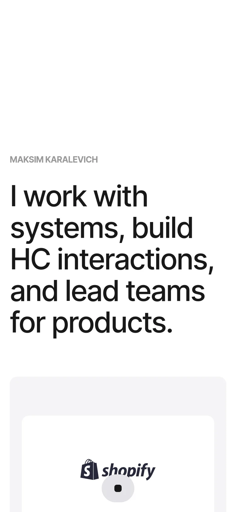 The mobile version maintains the minimalist white and black aesthetic but uses a single-column vertical layout. The navigation links are stacked at the top, and the hero headline is scaled down to fit the narrower screen width. Project sections follow, with images and text descriptions stacked vertically for easy scrolling.