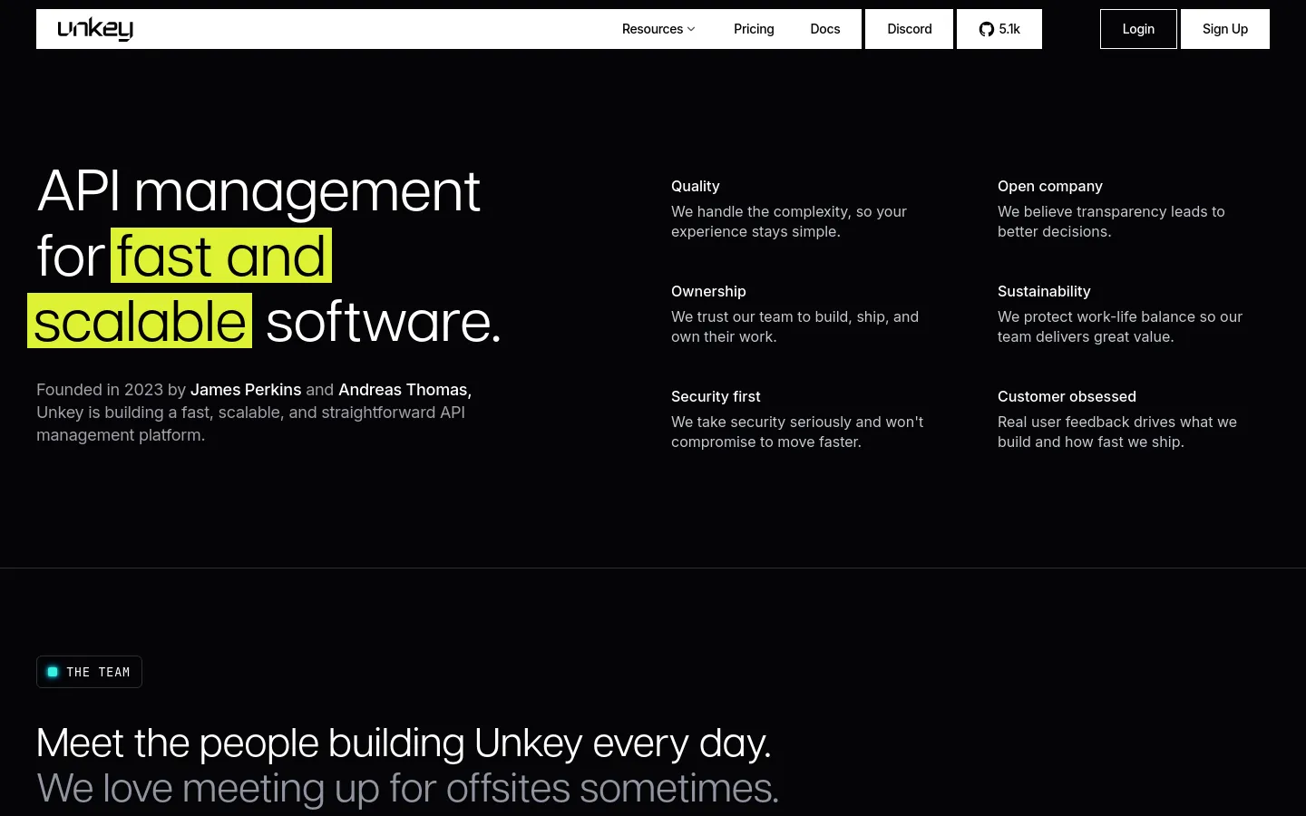 The About page features a dark theme with white and lime green text. A large headline reads 'API management for fast and scalable software,' followed by company values like Quality and Ownership arranged in a two-column grid. Below, a 'The Team' section introduces a gallery of candid team photos.