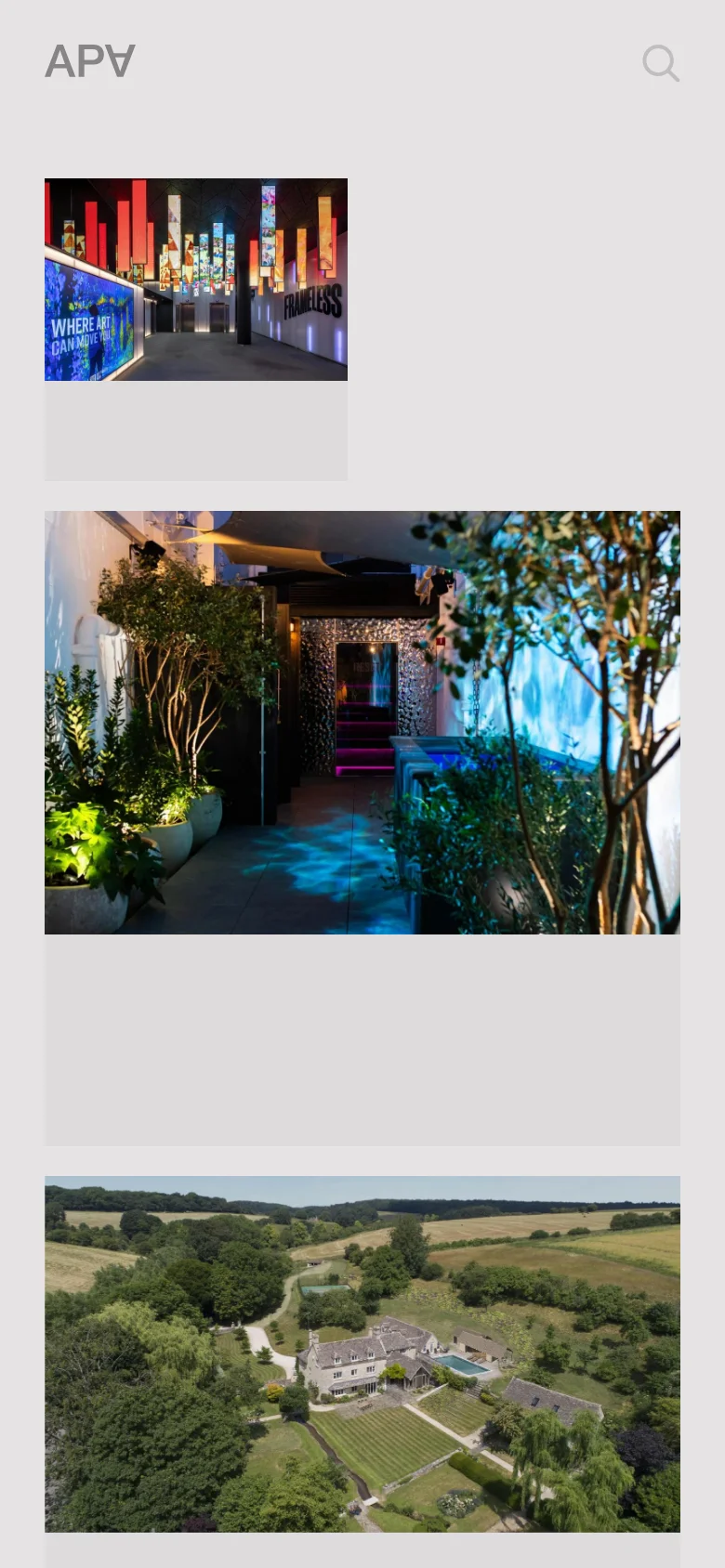 The mobile version simplifies the layout into a single-column vertical scroll, moving the navigation menu to a top header with the APA logo and a search icon. The large project images are stacked vertically, filling the width of the screen to showcase architectural details and landscapes.