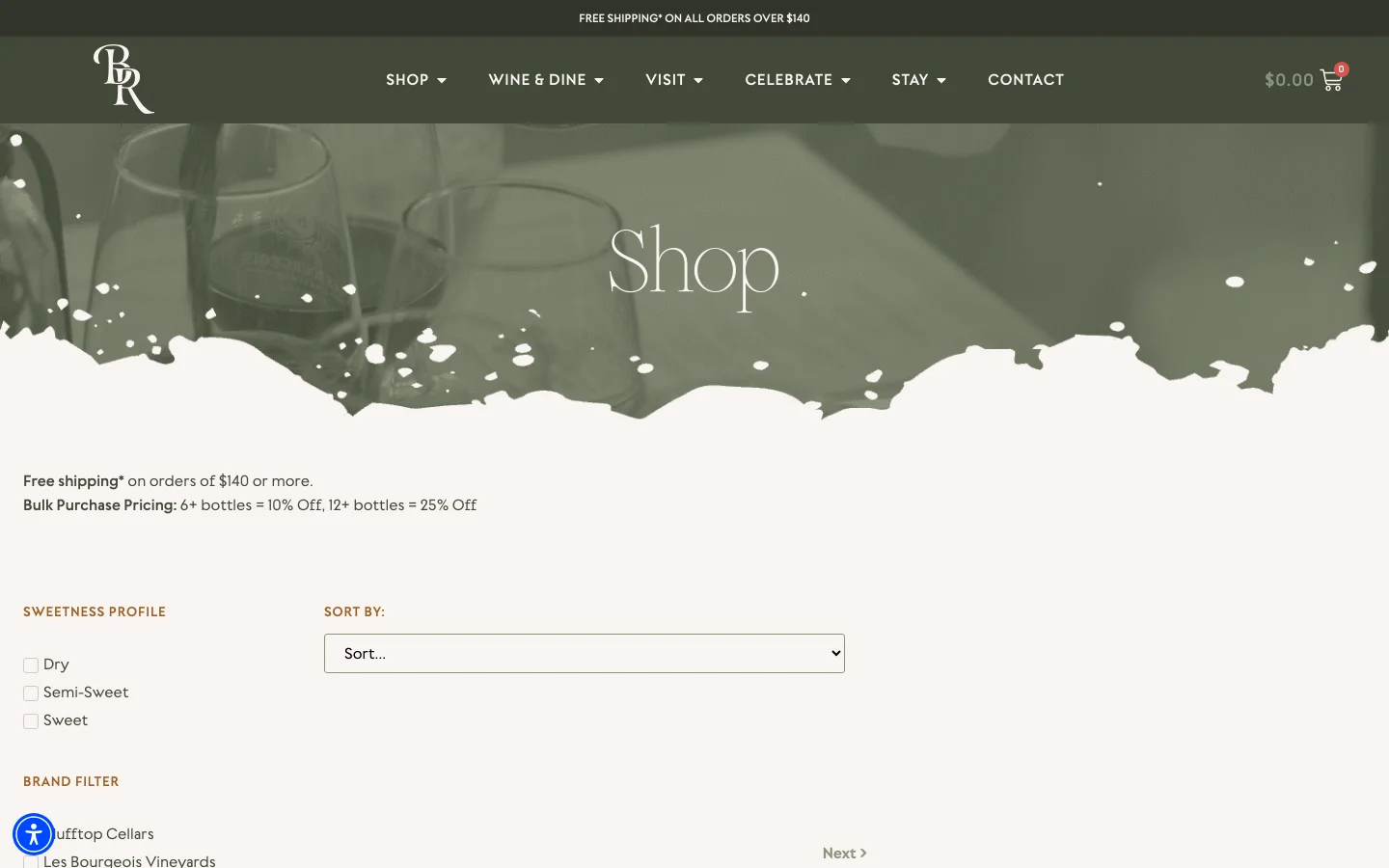 The desktop shop page features a dark green header with a white logo and navigation menu, followed by a large hero image of wine glasses with the word 'Shop.' below. Below the hero, text details free shipping and bulk discounts, followed by a sidebar of filters for sweetness and brand, and a grid of wine products with images, titles, prices, and 'Add to cart' buttons.