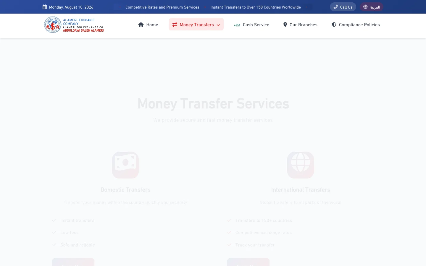 The desktop version features a blue and white header with the Alameri Exchange logo, a navigation menu, and a 'Call Us' button. The main body displays a large 'Money Transfer Services' headline over a light background, followed by two distinct service sections for Domestic and International transfers, each with an icon and a 'Learn More' button.