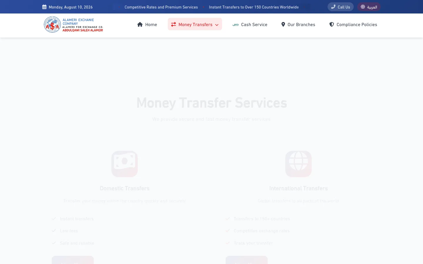 The desktop version features a blue and white header with the Alameri Exchange logo, a navigation menu, and a 'Call Us' button. The main body displays a large 'Money Transfer Services' headline over a light background, followed by two distinct service sections for Domestic and International transfers, each with an icon and a 'Learn More' button.
