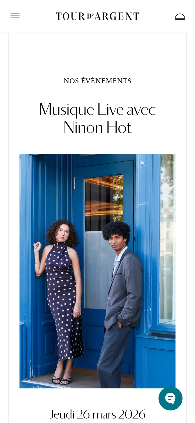The mobile version maintains the clean white aesthetic and large serif typography, but the layout is vertically stacked to fit the narrow screen. The headline and event title appear at the top, followed by the large portrait of the two performers in front of a blue door, with the date 'Jeudi 26 mars 2026' visible at the bottom.