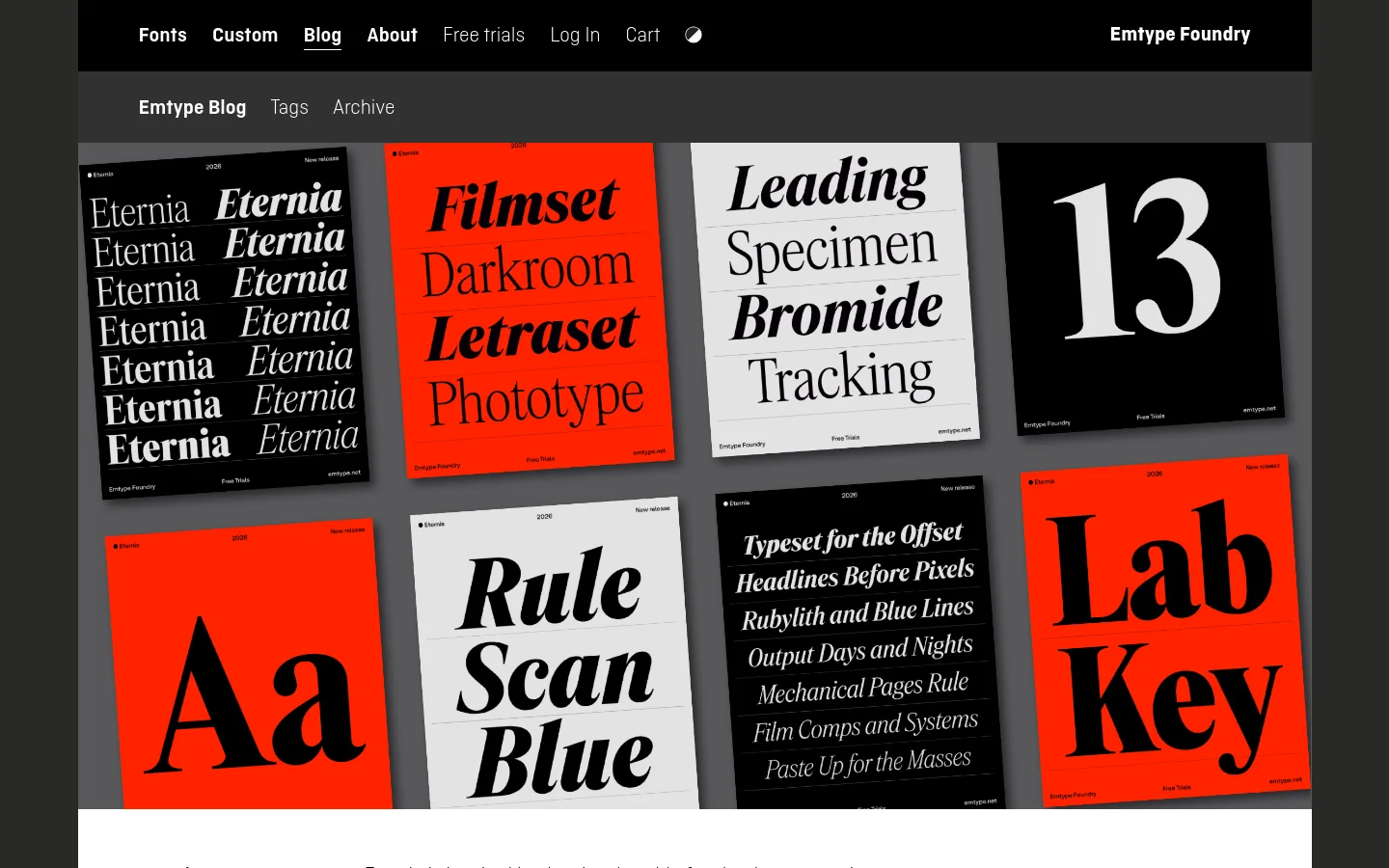 The Emtype Foundry blog page features a dark header with navigation links and a grid of eight large, colorful rectangular tiles showcasing various typeface specimens in black, white, and red. Below the grid, a single blog post titled 'Eternia' begins with a large plus icon and a text description of the typeface's inspiration.