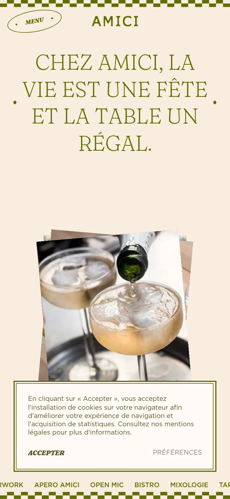 The mobile version maintains the cream and olive green color scheme but uses a vertical layout. The large headline is stacked to fit the narrower screen, and the hero image of cocktails is positioned below the text. The navigation links are condensed into a scrolling horizontal bar at the bottom.