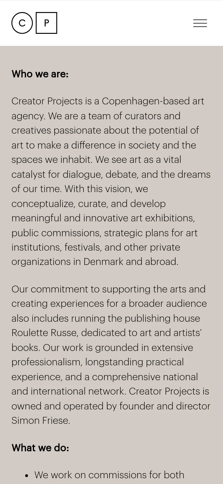 The mobile version uses a light beige background with a simplified layout. The navigation menu is condensed into a hamburger icon at the top right, and the text content is stacked vertically in a single column, making the 'Who we are:' and 'What we do:' sections easy to scroll through.