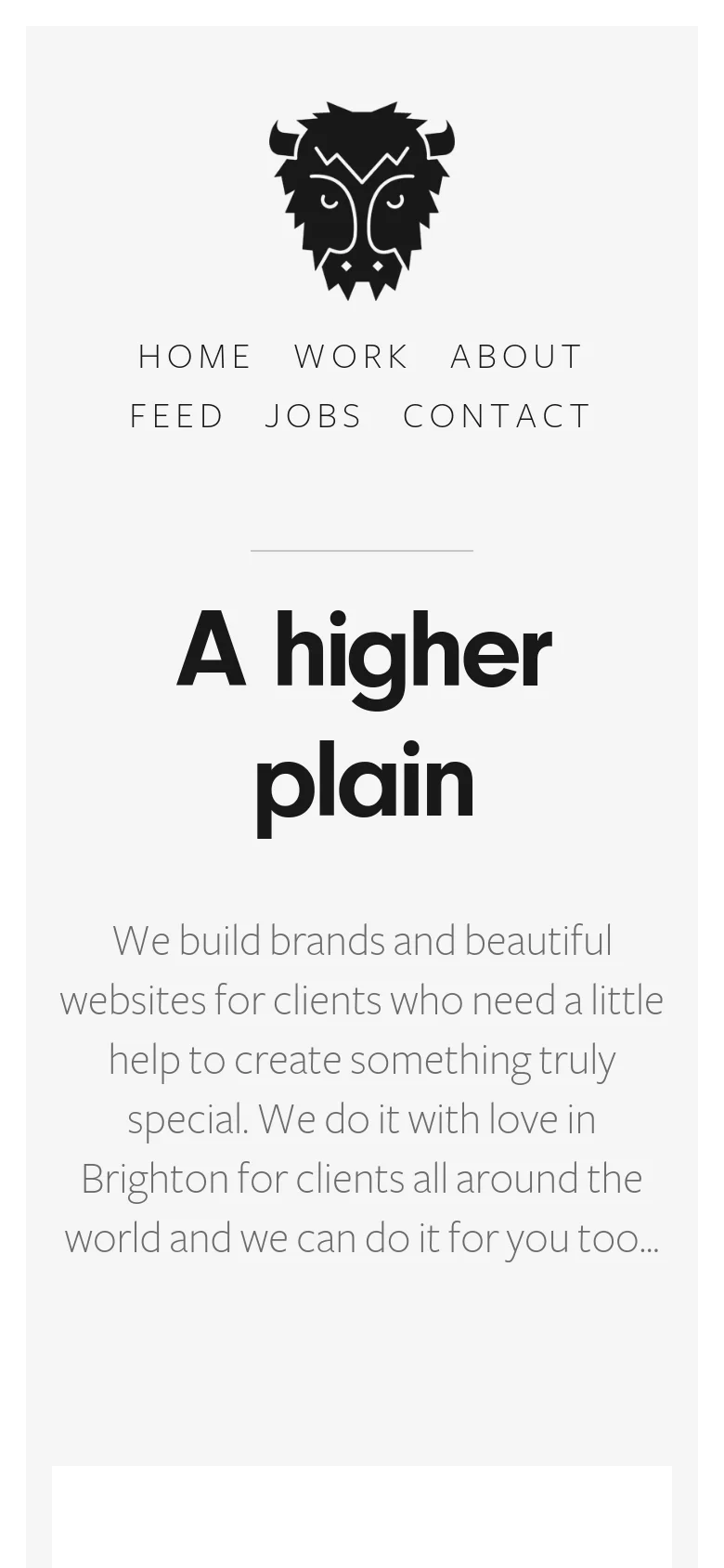 The mobile version uses a single-column vertical layout with a centered buffalo logo and navigation links stacked above the main headline. The 'A higher plain' hero text and introductory paragraph are centered, and the hexagonal client logo grid is scaled down for a narrow screen.