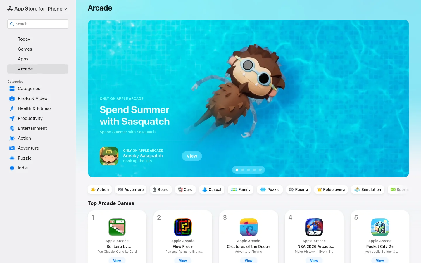 The Apple Arcade landing page features a large hero banner with a bright blue swimming pool background and a character named Sasquatch wearing goggles. A sidebar on the left provides navigation for Today, Games, Apps, and Arcade, along with various genre categories. Below the hero section, a horizontal row of genre buttons is followed by a grid of 'Top Arcade Games' displayed in numbered cards.