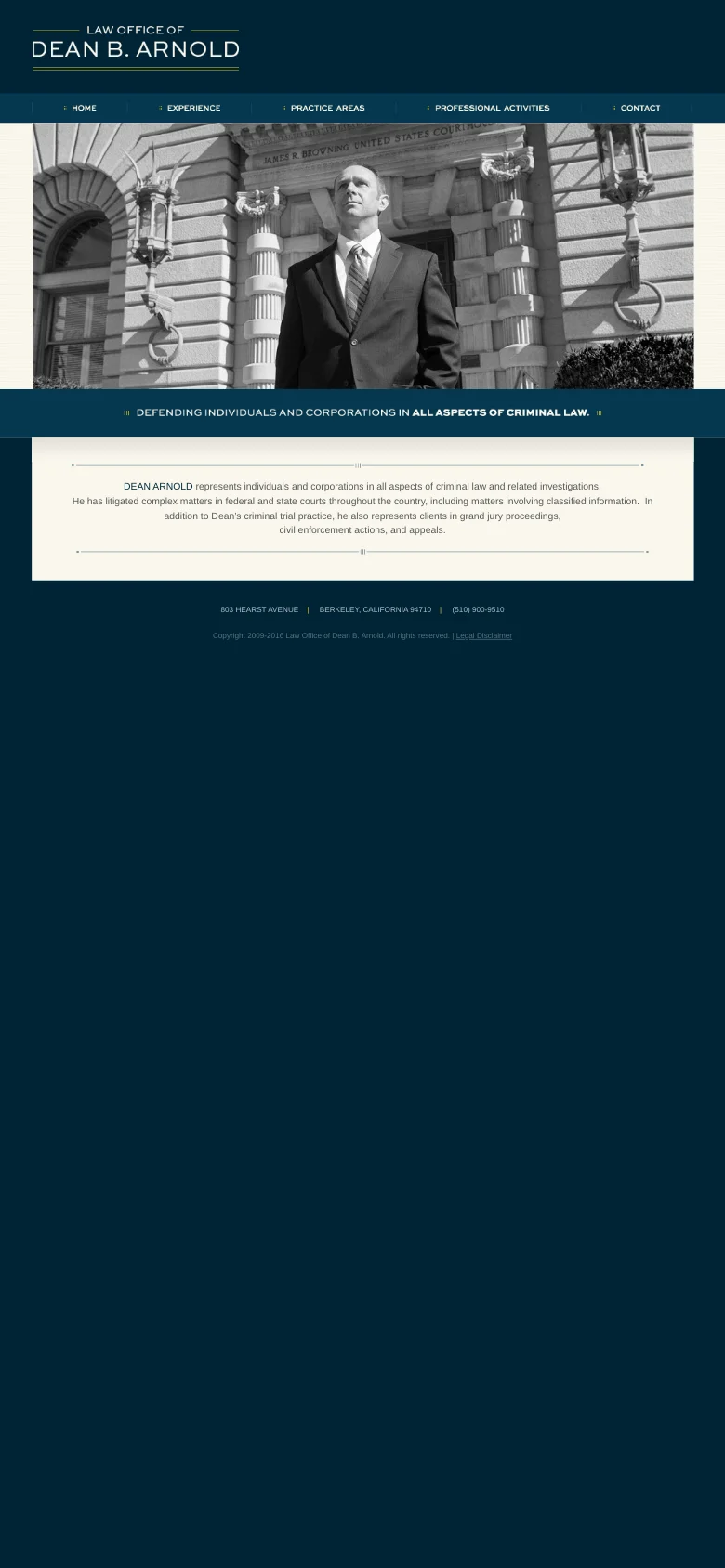 The mobile version maintains the dark teal color scheme and centered layout but scales the content for a narrower viewport. The navigation menu remains horizontal at the top, and the large black and white hero image and text sections are stacked vertically to fit the screen width.