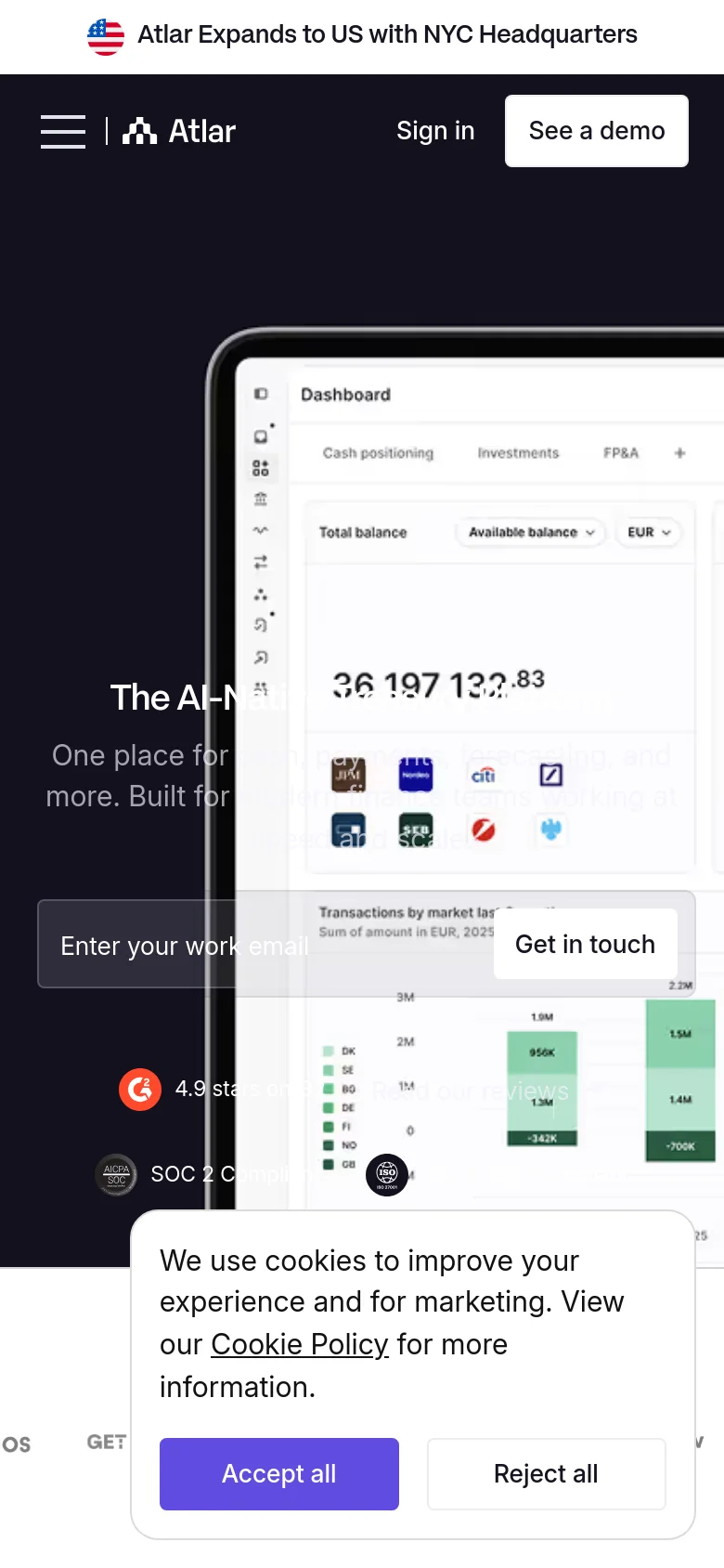 The mobile version uses a vertical layout with the headline and email signup field stacked above a smaller, centered dashboard screenshot. The dark background remains consistent, but the navigation is condensed into a hamburger menu, and the 'Trusted by' logo section is simplified for a narrow screen.