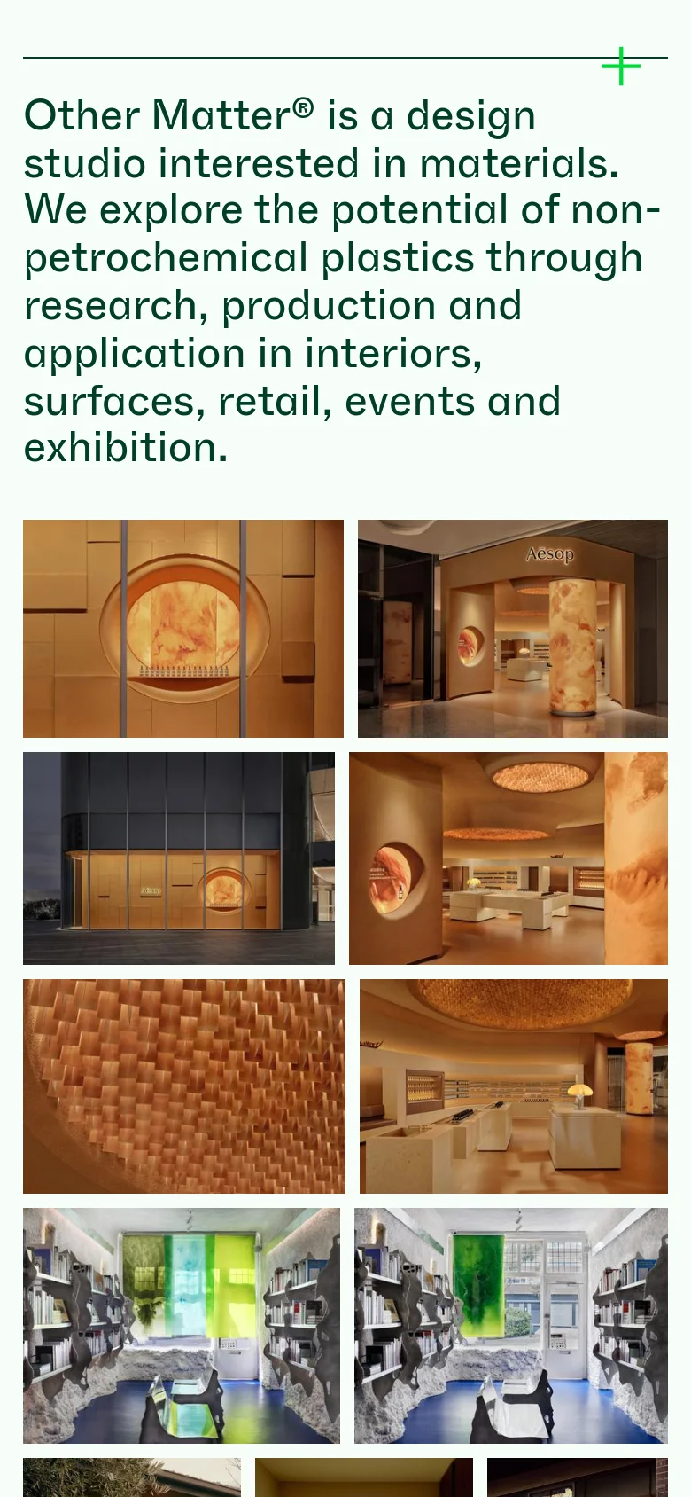 The mobile version maintains the minimalist aesthetic but transitions to a single-column vertical scroll. The large headline and grid of warm-toned interior photography are stacked vertically to fit the narrow screen, prioritizing a seamless scrolling experience through the visual portfolio.