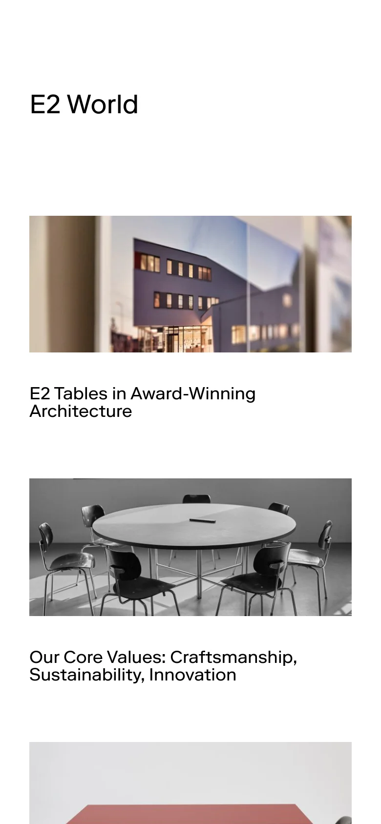 The mobile version presents a single-column vertical stack of content to fit narrow screens. The hero image and subsequent section images are scaled down, with headlines and links appearing directly beneath each image. The layout is simplified for scrolling, maintaining the same minimalist aesthetic and neutral tones as the desktop version.