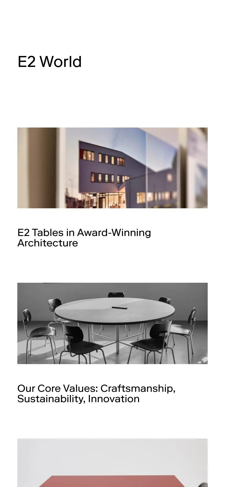 The mobile version presents a single-column vertical stack of content to fit narrow screens. The hero image and subsequent section images are scaled down, with headlines and links appearing directly beneath each image. The layout is simplified for scrolling, maintaining the same minimalist aesthetic and neutral tones as the desktop version.