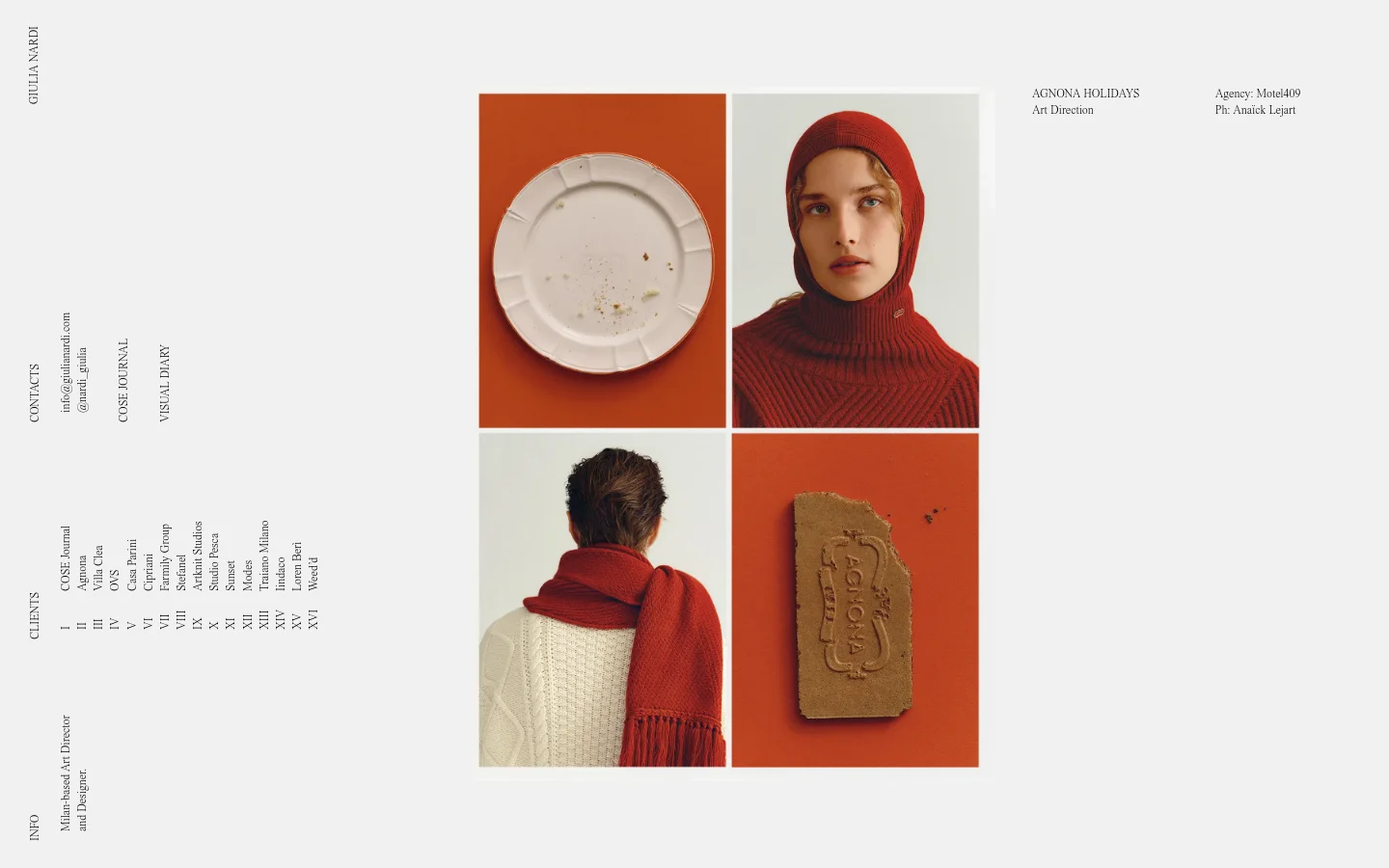 A minimalist portfolio page for Agnona Holidays featuring a grid of large, high-quality editorial photographs with warm terracotta and cream tones. The layout includes vertical text on the left side for navigation and contact info, with project details like agency and art direction displayed in the top right and bottom left.