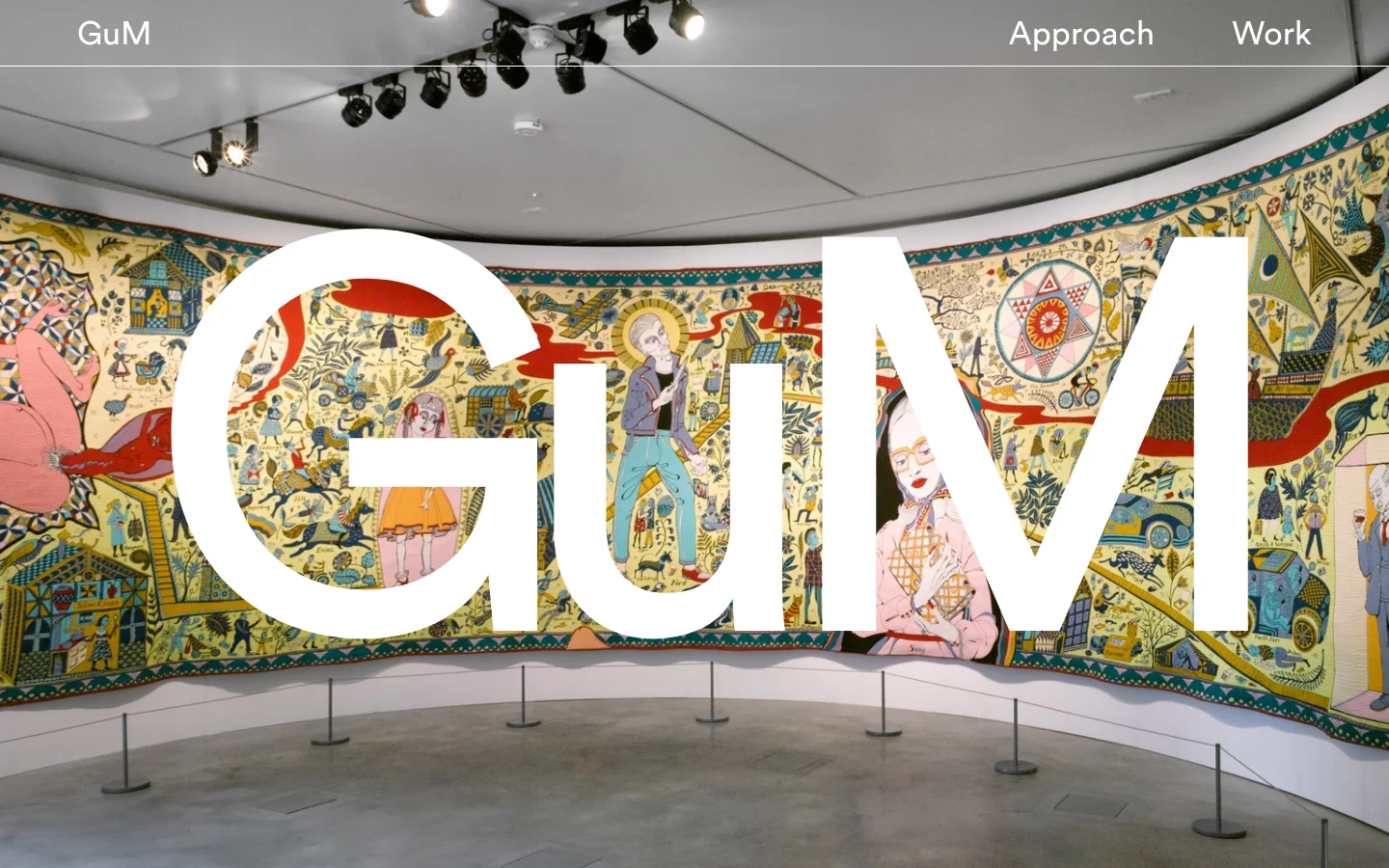 The desktop homepage features a large hero image of a colorful, illustrated museum mural with the white text 'GuM' overlaid in a large font. A navigation bar at the top includes links for 'Approach' and 'Work'. Below the hero section, the layout transitions to a clean white background with text describing GuM Studio's services, followed by a grid of large project images for the William Morris Gallery, MERL, The Garden Museum, and Revealing the Charterhouse.