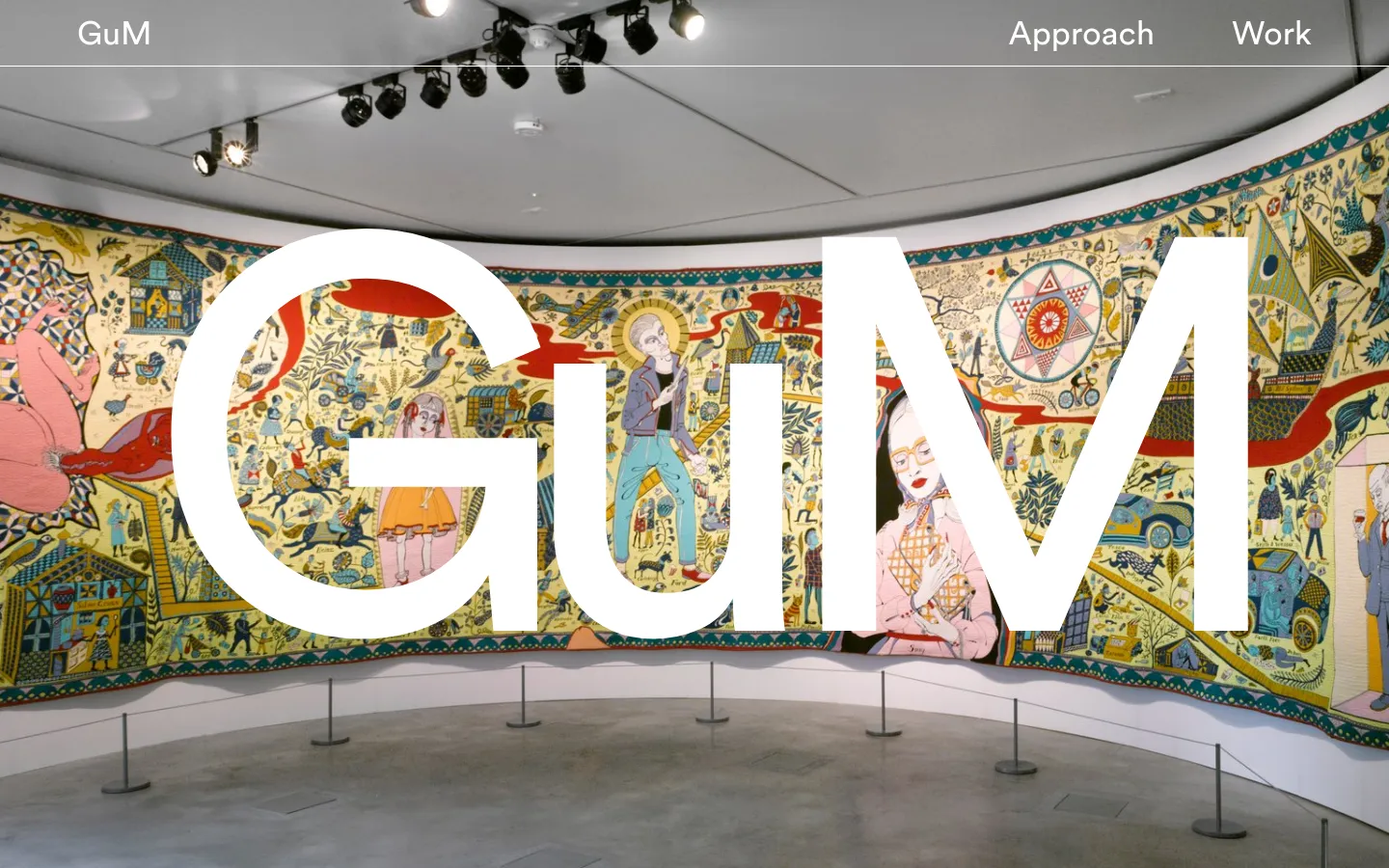 The desktop homepage features a large hero image of a colorful, illustrated museum mural with the white text 'GuM' overlaid in a large font. A navigation bar at the top includes links for 'Approach' and 'Work'. Below the hero section, the layout transitions to a clean white background with text describing GuM Studio's services, followed by a grid of large project images for the William Morris Gallery, MERL, The Garden Museum, and Revealing the Charterhouse.