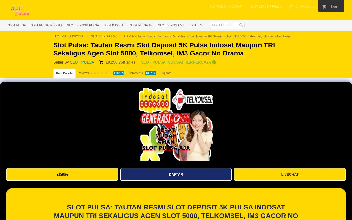 The desktop homepage features a bright yellow header with a navigation menu and a search bar. Below the header, a product title section displays the seller information and sales count, followed by a large central graphic with colorful logos for Indosat, Telkomsel, and Tri alongside a woman's portrait. Three prominent buttons for 'LOGIN', 'DAFTAR', and 'LIVECHAT' are positioned below the main graphic.