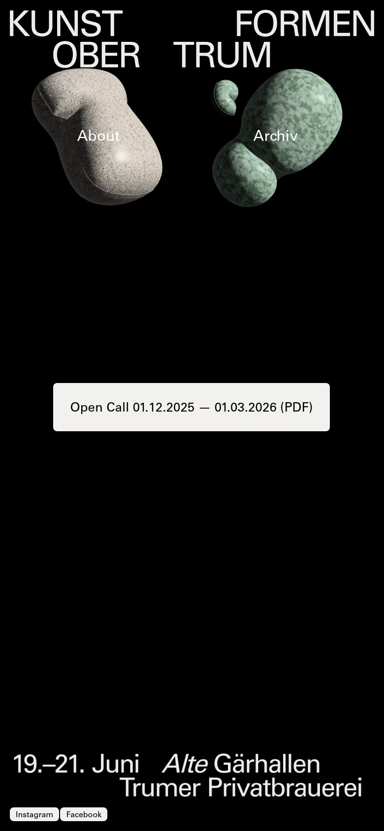 The mobile version uses a vertical layout with a black background and white text. The organic stone shapes are stacked vertically, serving as navigation links for 'About' and 'Archiv'. The 'Open Call' button is centered in the middle of the screen, followed by the festival dates and social media links at the bottom.