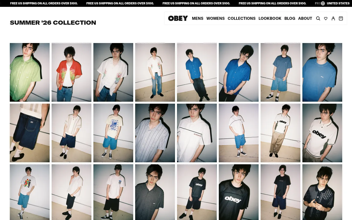 The Summer '26 Collection lookbook page features a minimalist white background with a top navigation bar containing the OBEY logo and menu links. A grid layout displays numerous high-quality lifestyle photographs of models wearing various streetwear apparel, including button-down shirts and shorts. The images are arranged in multiple rows of large, rectangular portrait shots.