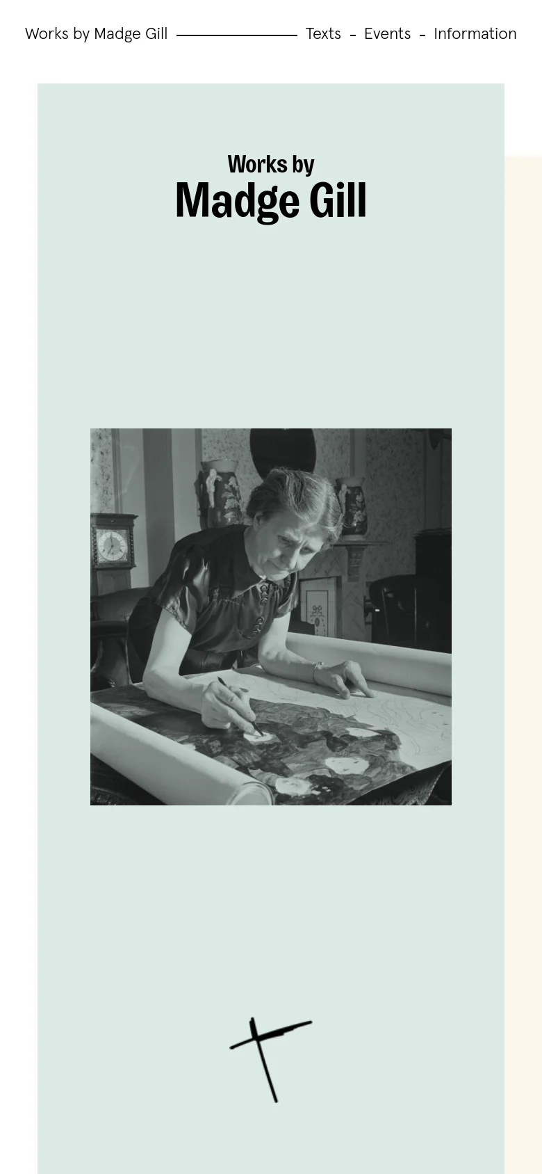 The mobile version maintains the centered layout on a light mint green background, with the 'Works by Madge Gill' headline and black and white artist photograph stacked vertically. The navigation links are condensed into a single line at the top of the screen to accommodate the narrower viewport.